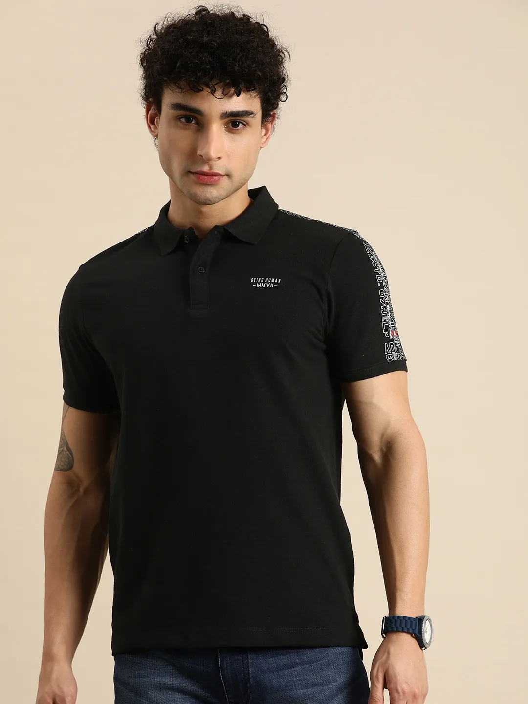 Black Regular Fit Men's Polo T-Shirt by Being Human Clothing