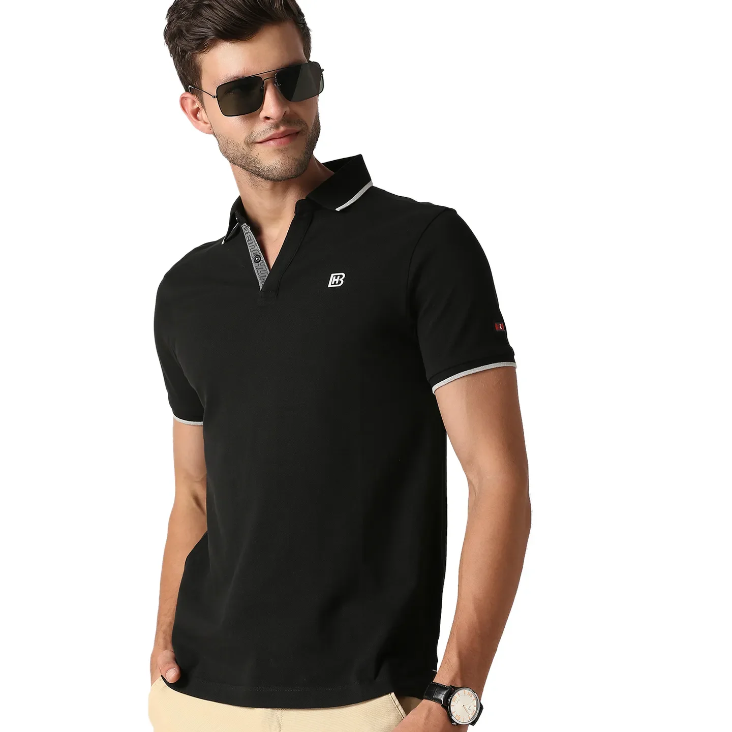 Black Slim Straight Fit Men's Polo T-Shirt by Being Human Clothing - Image 7