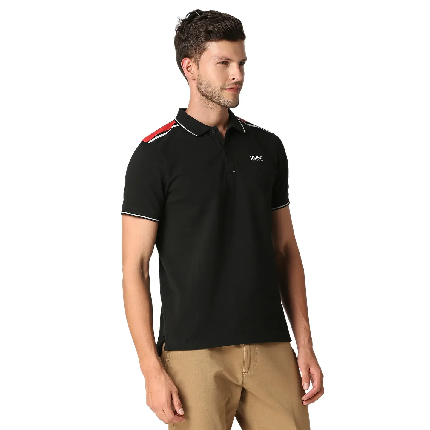 Black Slim Straight Fit Men's Polo T-Shirt by Being Human Clothing - Image 3