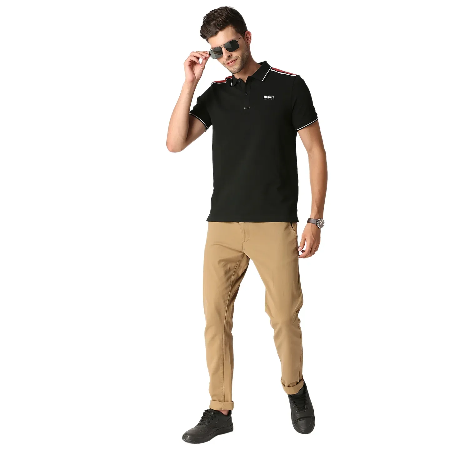 Black Slim Straight Fit Men's Polo T-Shirt by Being Human Clothing - Image 6