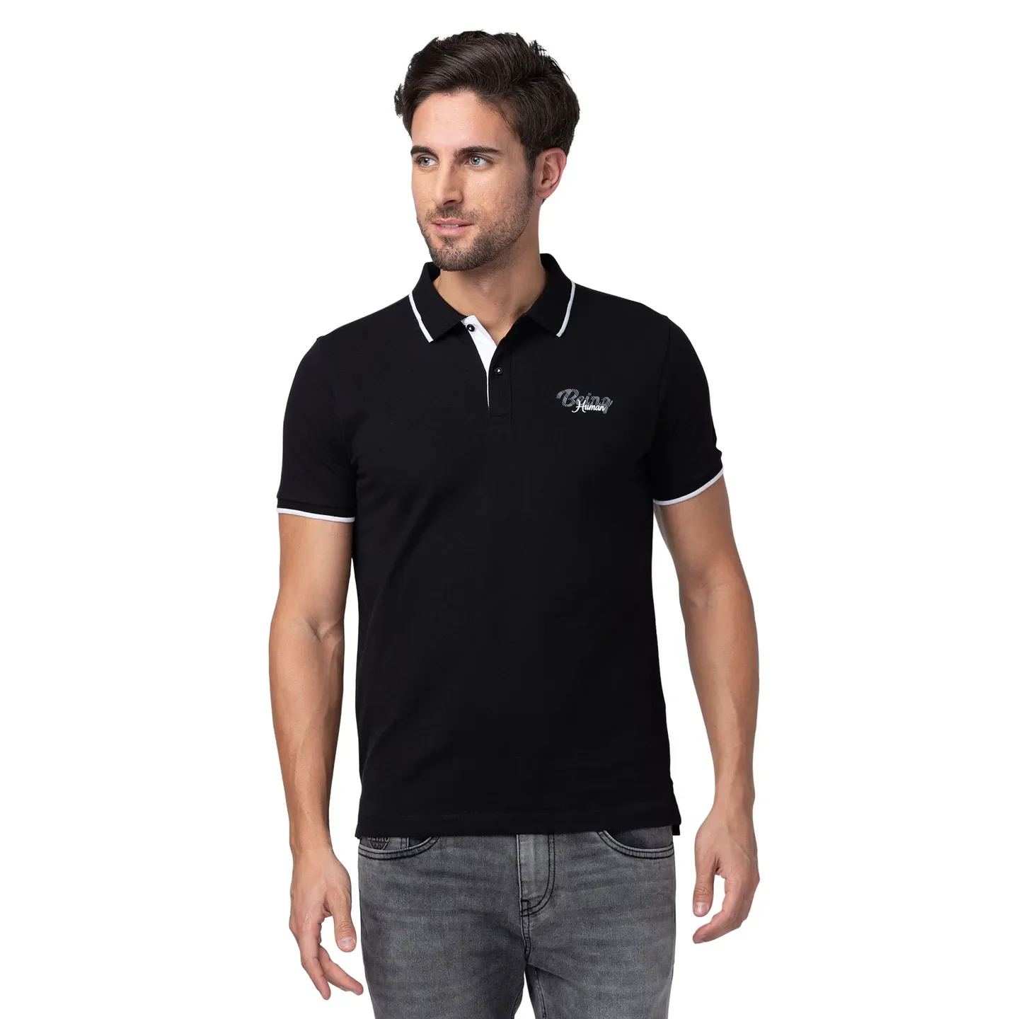 Black Regular Fit Men's Polo T-Shirt by Being Human Clothing