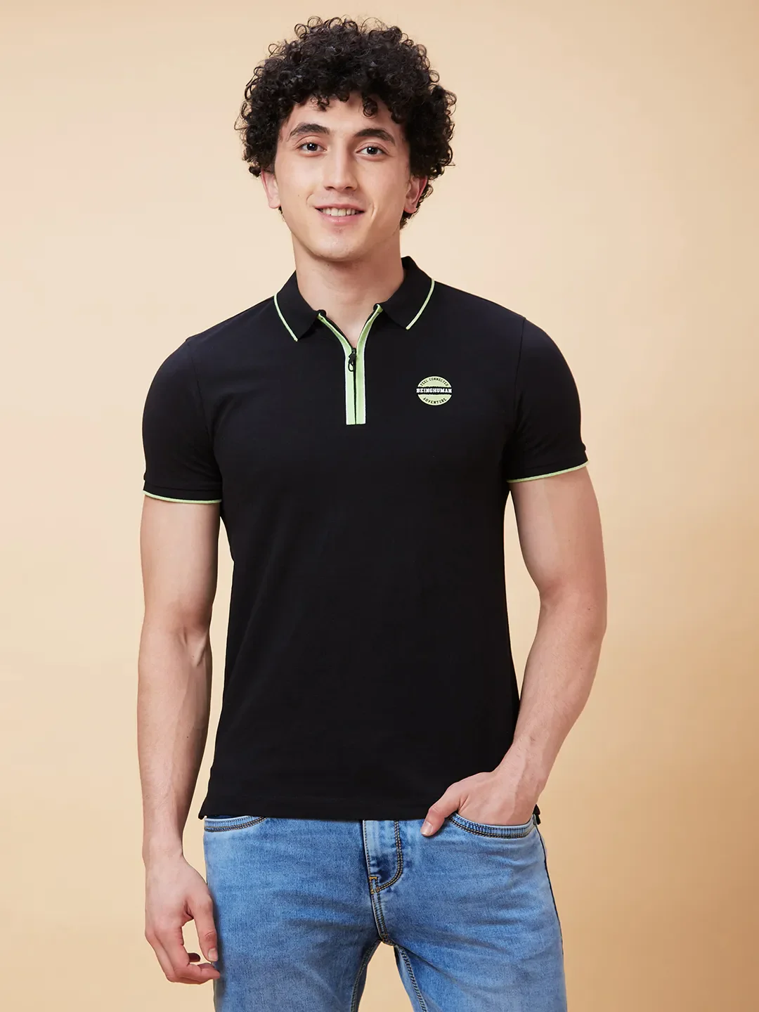Black Regular Fit Men's Polo T-Shirt by Being Human Clothing