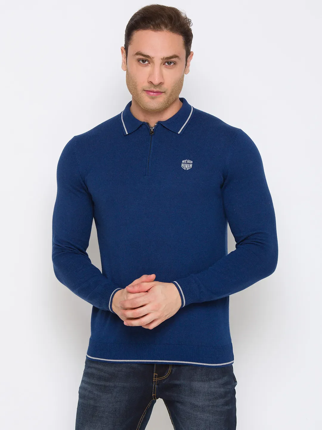 Blue Regular Fit Men's Long Sleeves Polo T-Shirt by Being Human Clothing
