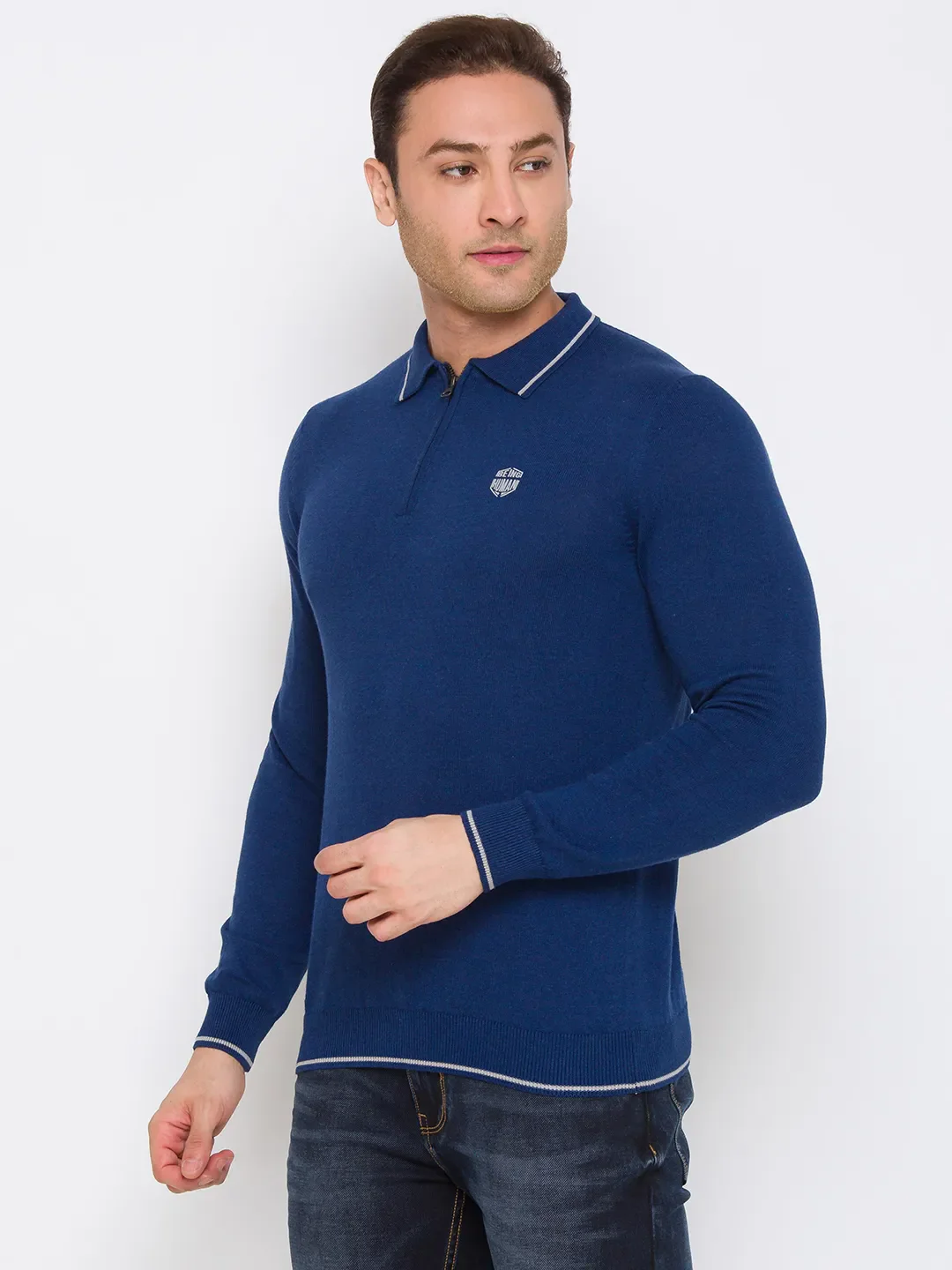 Blue Regular Fit Men's Long Sleeves Polo T-Shirt by Being Human Clothing - Image 2