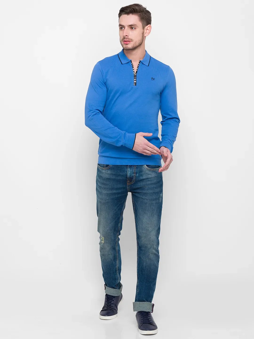 Blue Regular Fit Men's Long Sleeves Polo T-Shirt by Being Human Clothing - Image 2