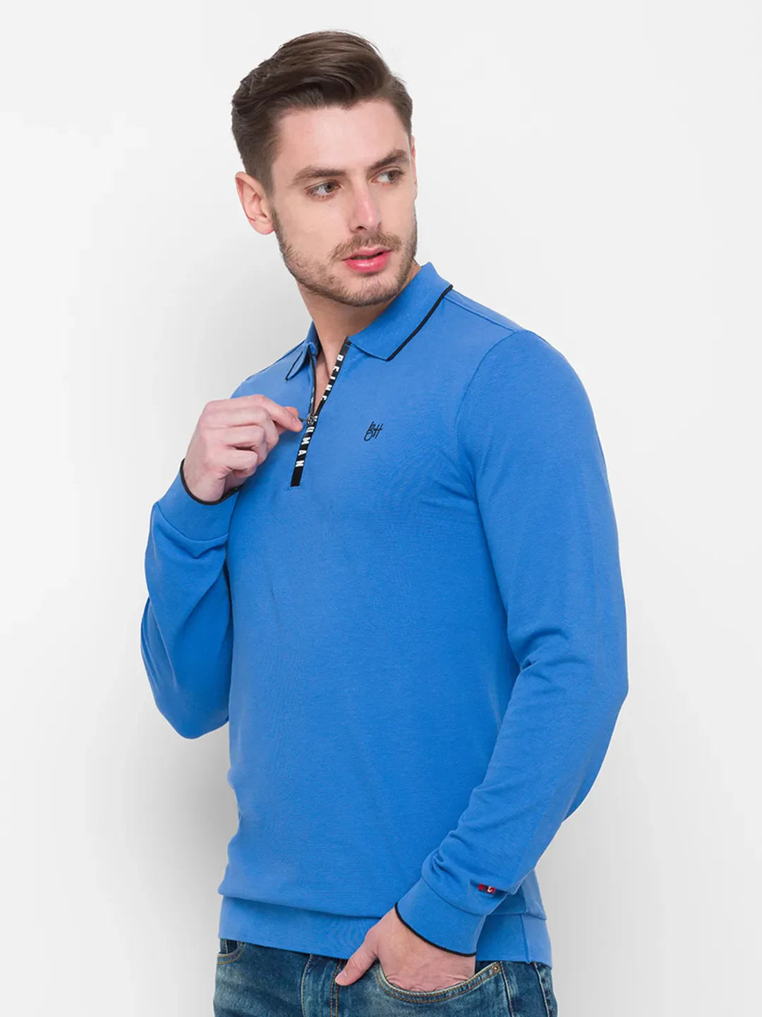 Blue Regular Fit Men's Long Sleeves Polo T-Shirt by Being Human Clothing - Image 4