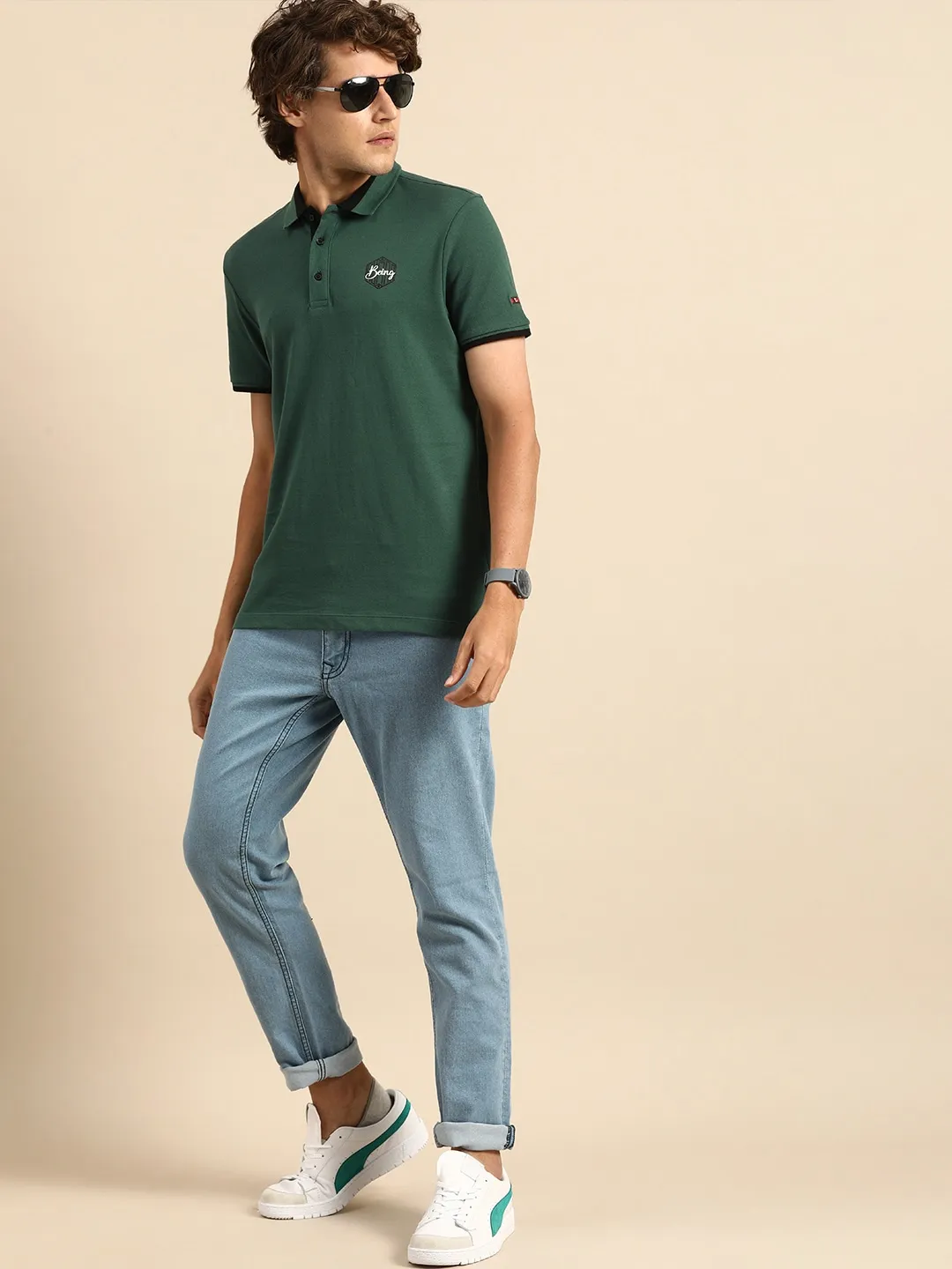 Green Regular Fit Men's Polo T-Shirt by Being Human Clothing - Image 5