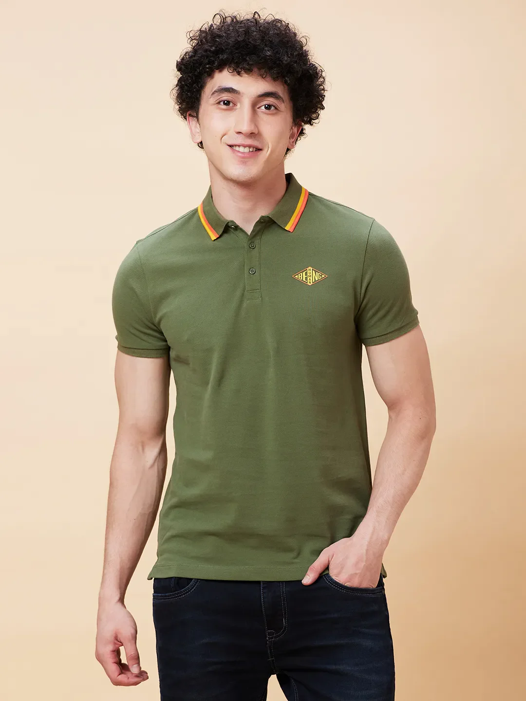 Bronze Green Regular Fit Men's Polo T-Shirt by Being Human Clothing