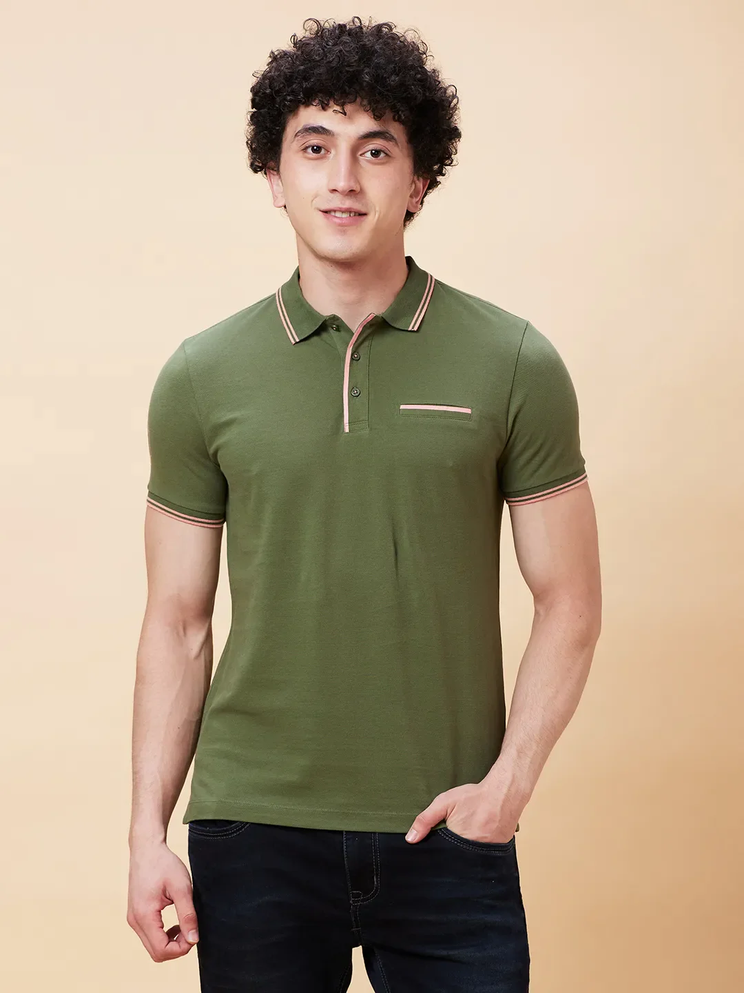 Bronze Green Regular Fit Men's Polo T-Shirt by Being Human Clothing