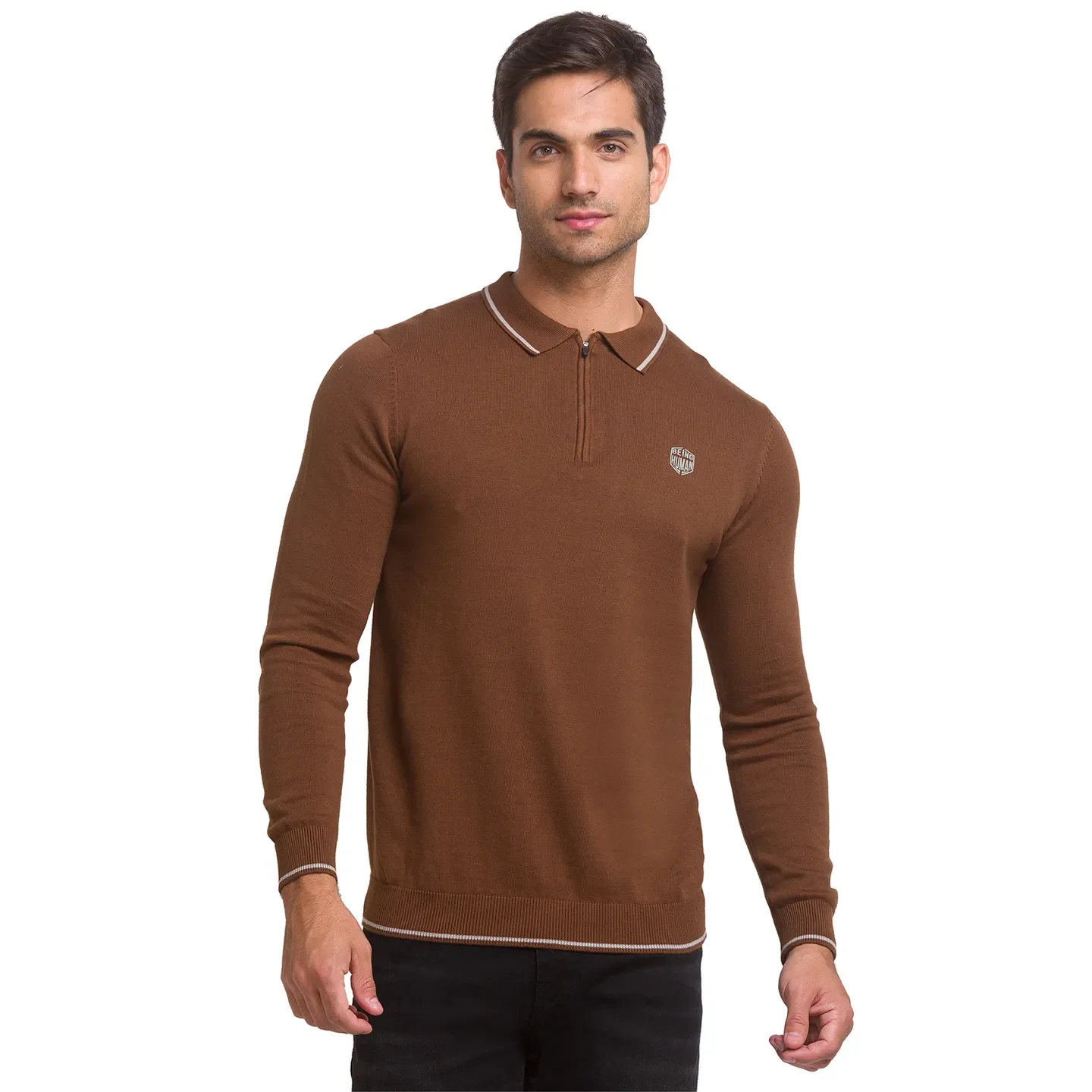 Brown Regular Fit Men's Long Sleeves Polo T-Shirt by Being Human Clothing