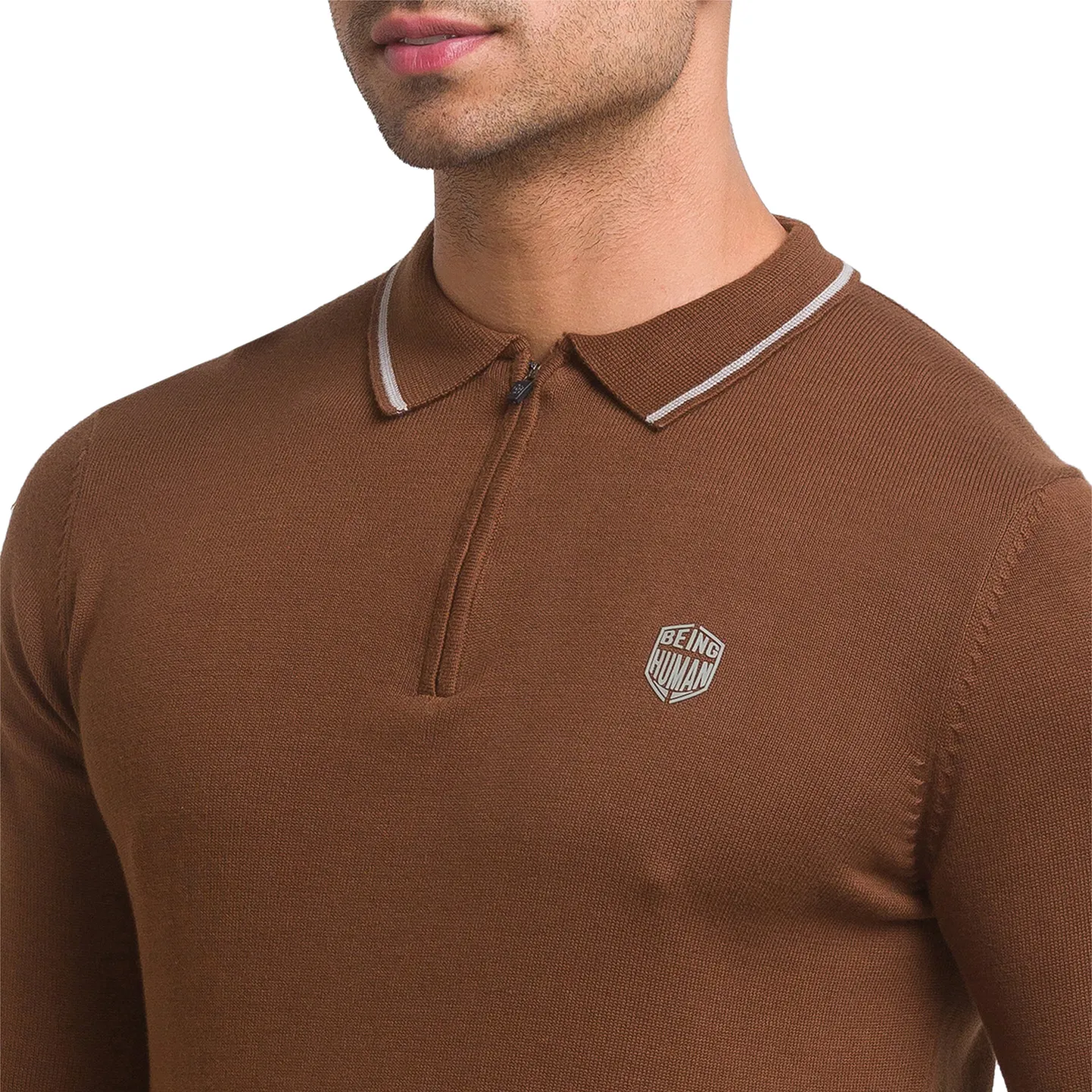 Brown Regular Fit Men's Long Sleeves Polo T-Shirt by Being Human Clothing - Image 5