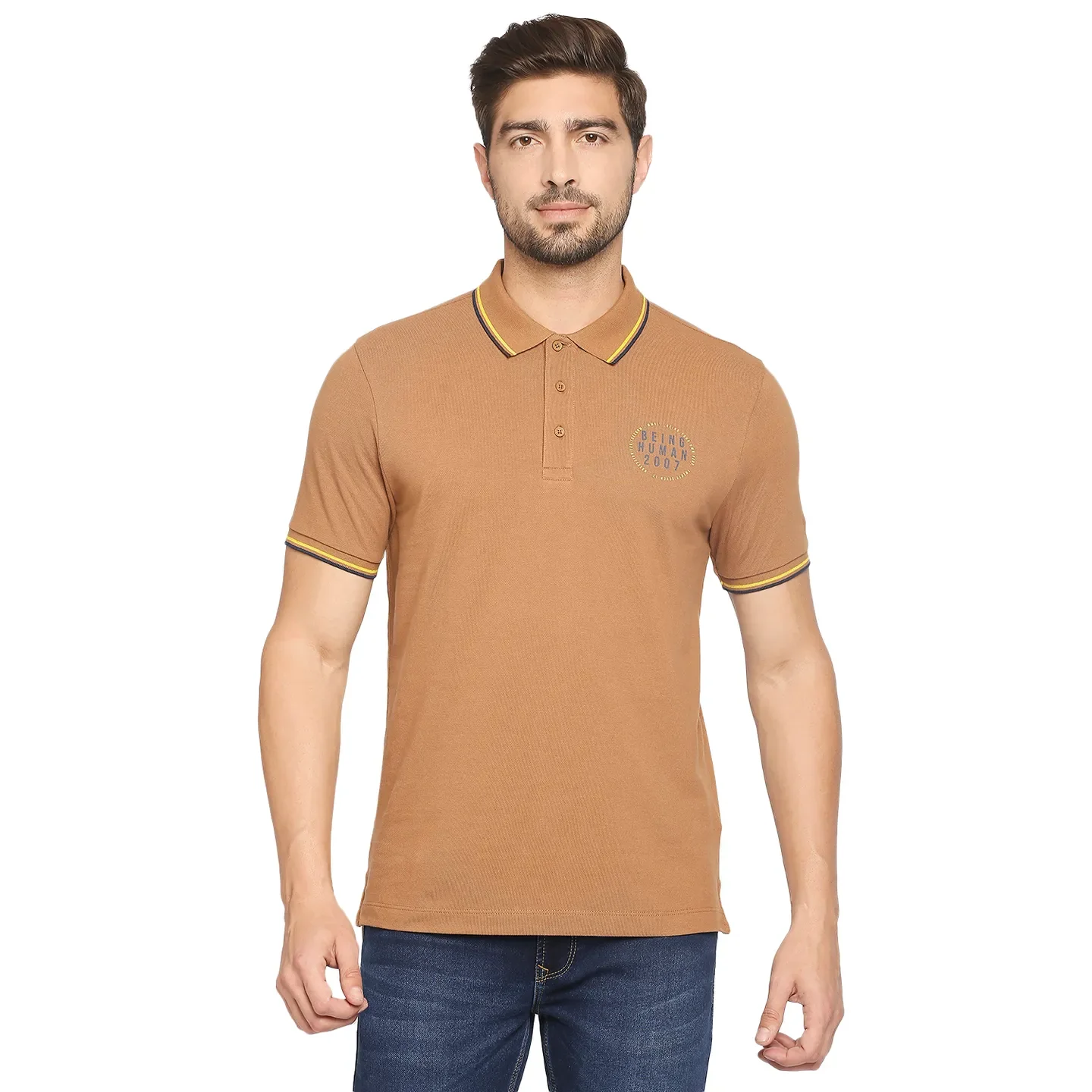 Brown Regular Fit Men's Polo T-Shirt by Being Human Clothing
