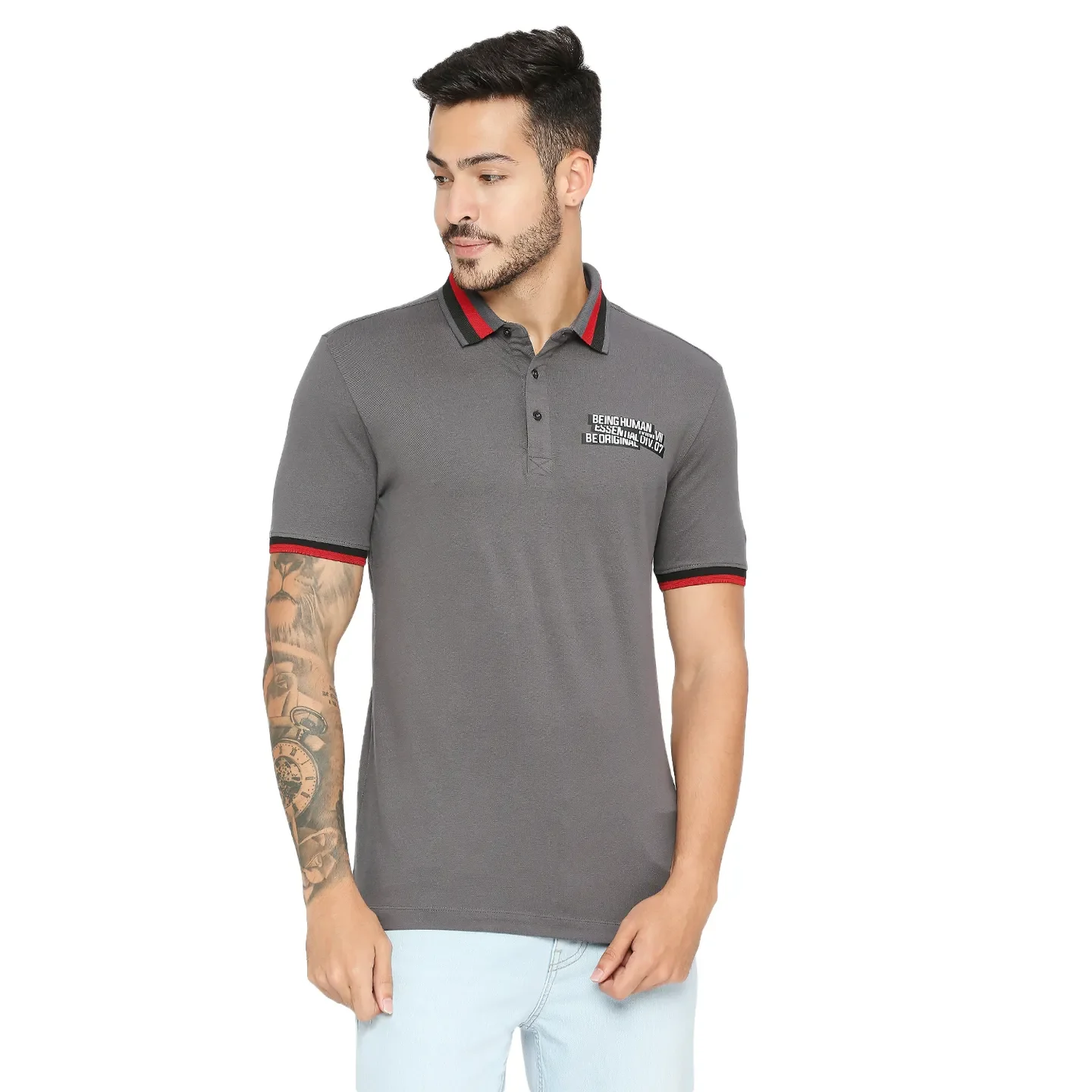 Grey Regular Fit Men's Polo T-Shirt by Being Human Clothing