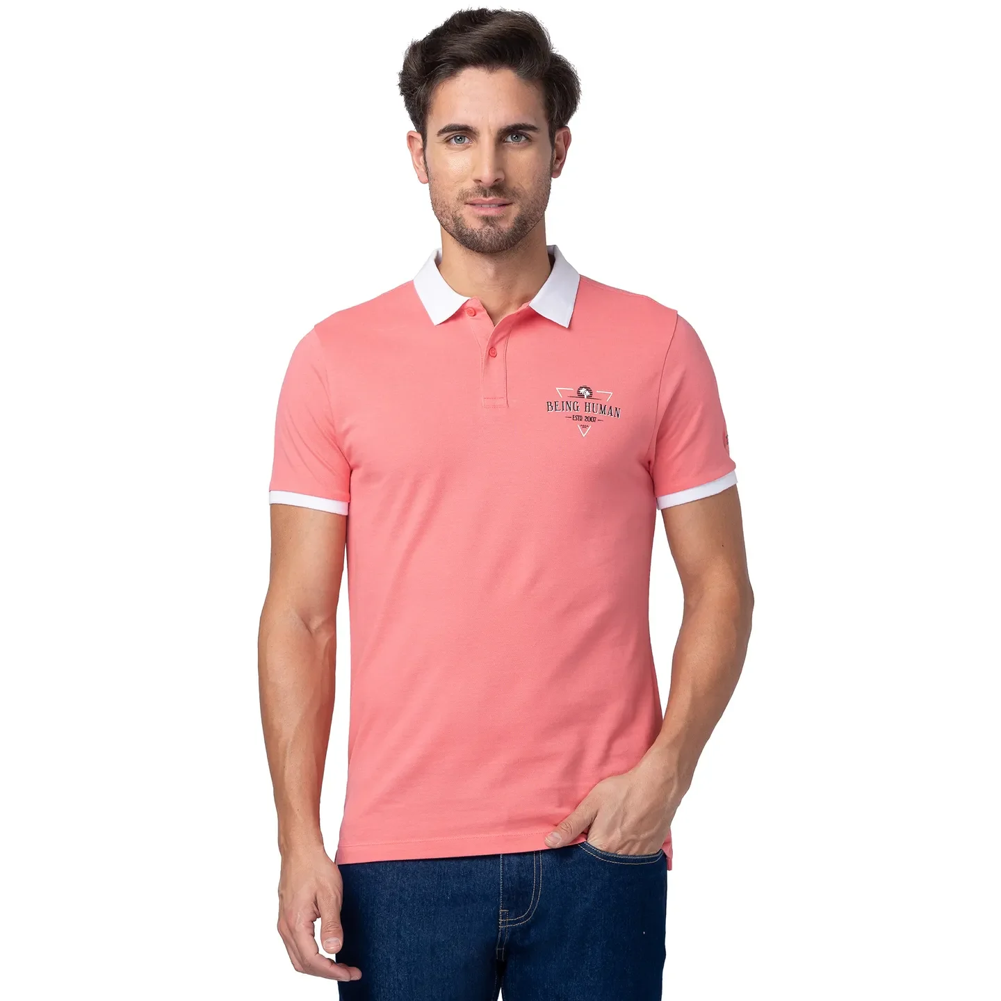 Pink Regular Fit Men's Polo T-Shirt by Being Human Clothing