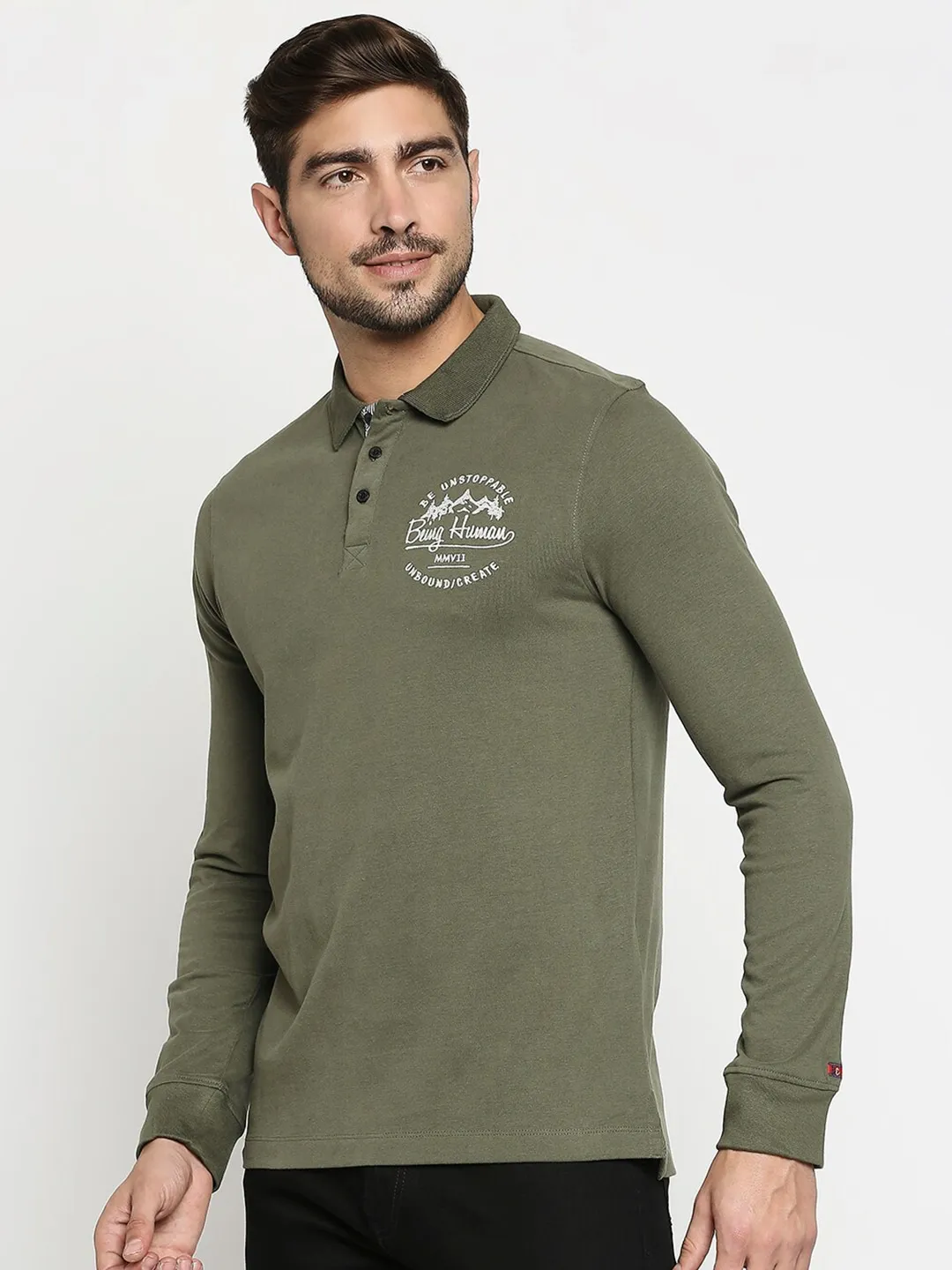 Green Regular Fit Men's Long Sleeves Polo T-Shirt by Being Human Clothing - Image 3