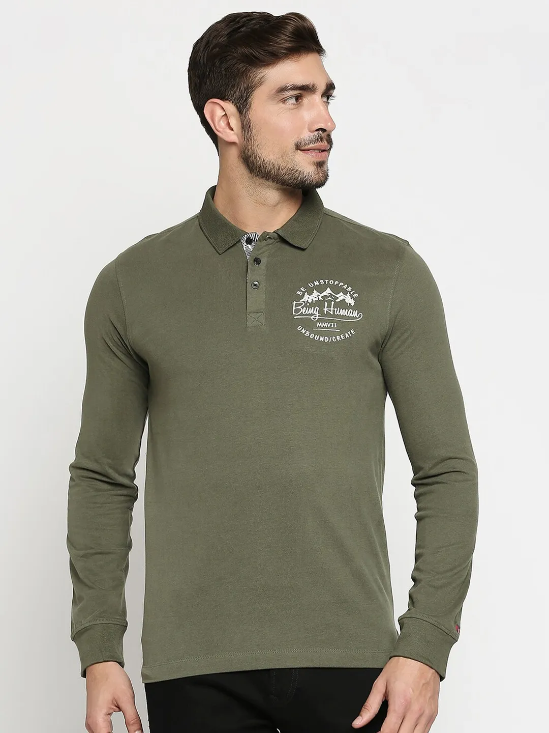 Green Regular Fit Men's Long Sleeves Polo T-Shirt by Being Human Clothing - Image 4