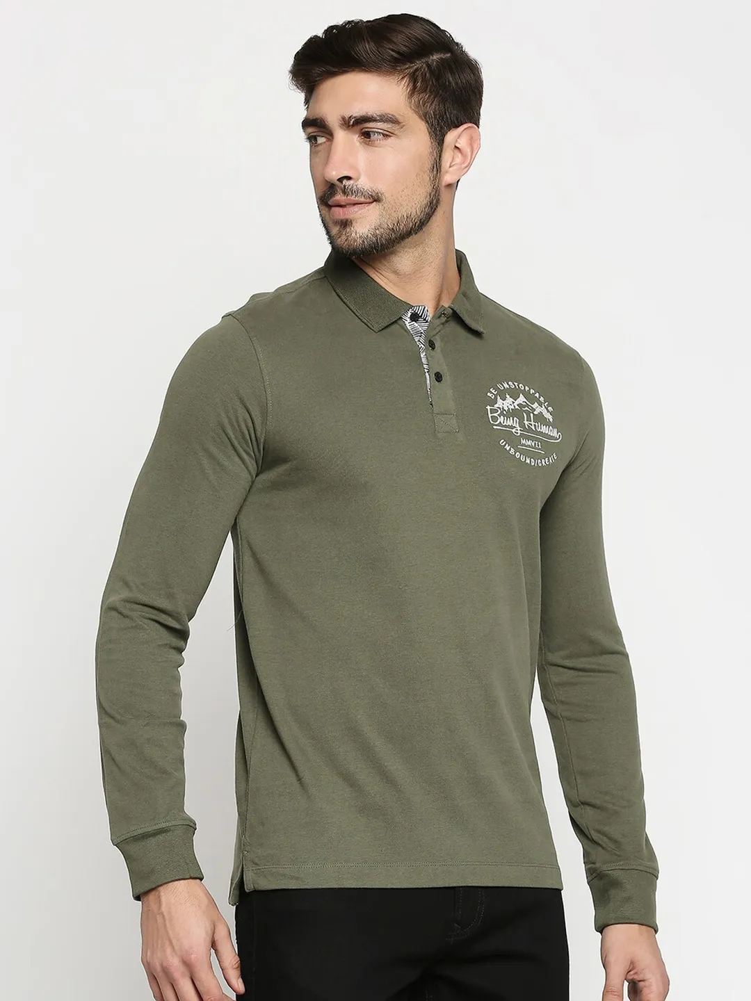 Green Regular Fit Men's Long Sleeves Polo T-Shirt by Being Human Clothing - Image 5