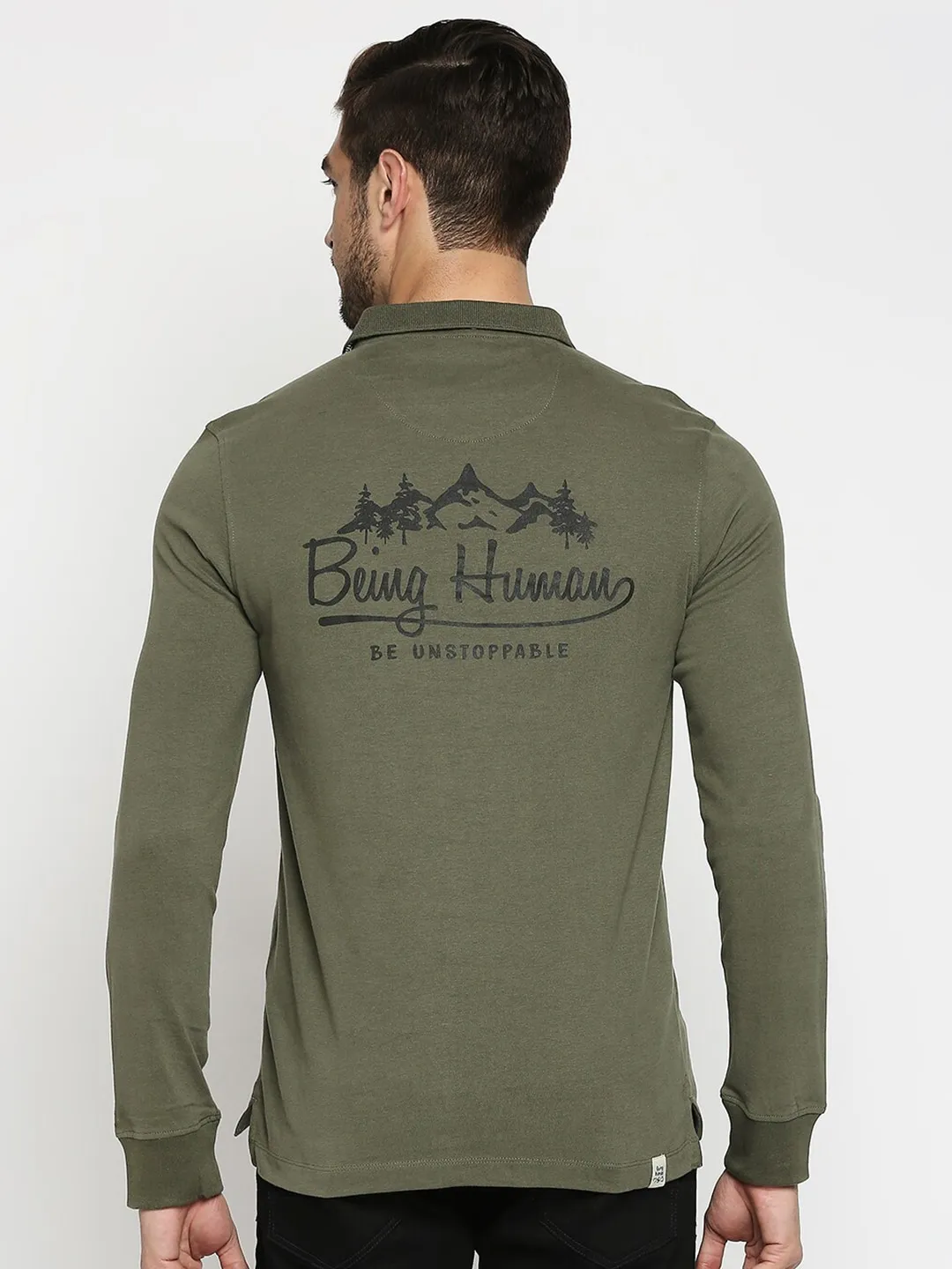 Green Regular Fit Men's Long Sleeves Polo T-Shirt by Being Human Clothing - Image 6