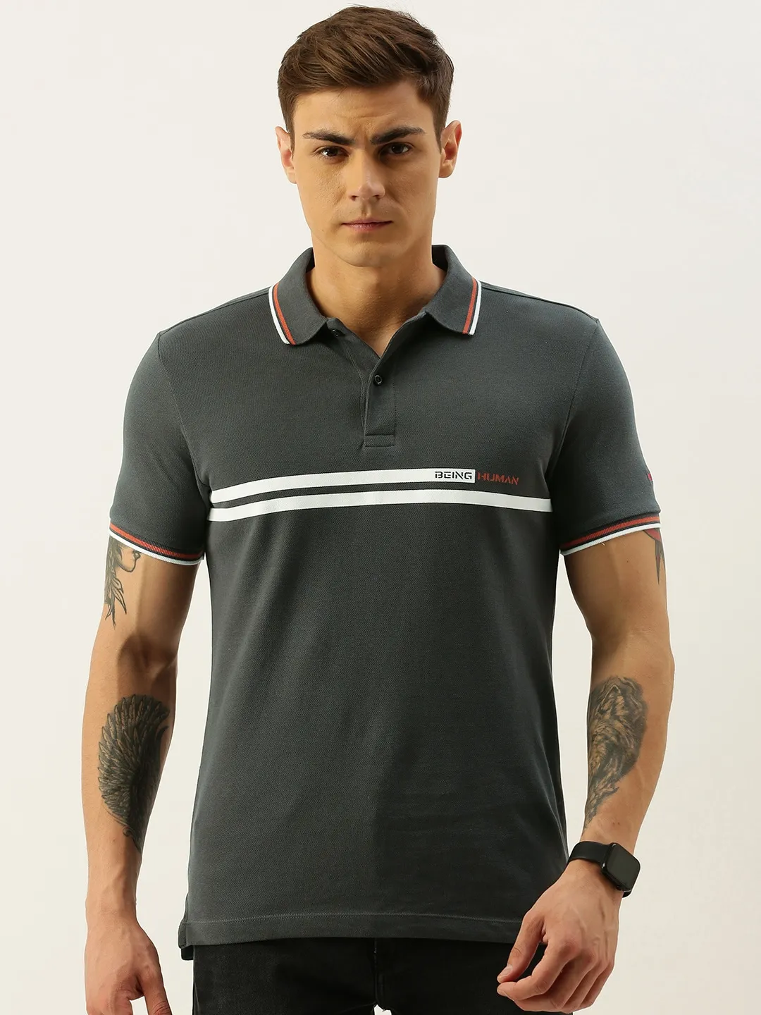 Grey Regular Fit Men's Polo T-Shirt by Being Human Clothing