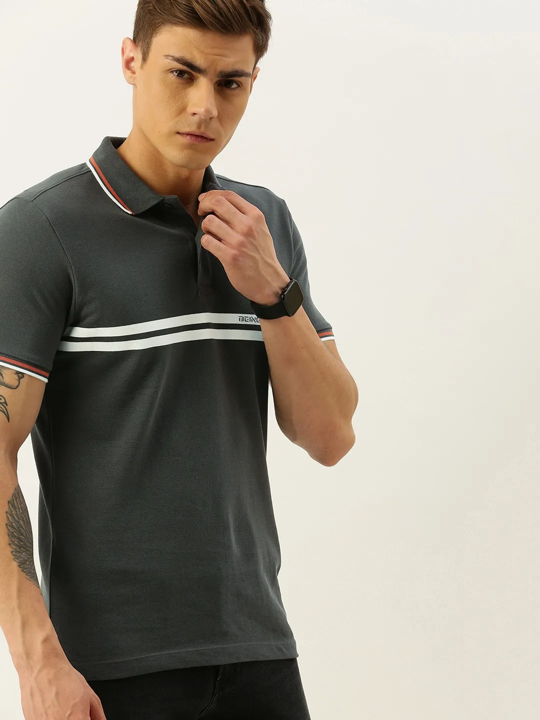 Grey Regular Fit Men's Polo T-Shirt by Being Human Clothing - Image 4