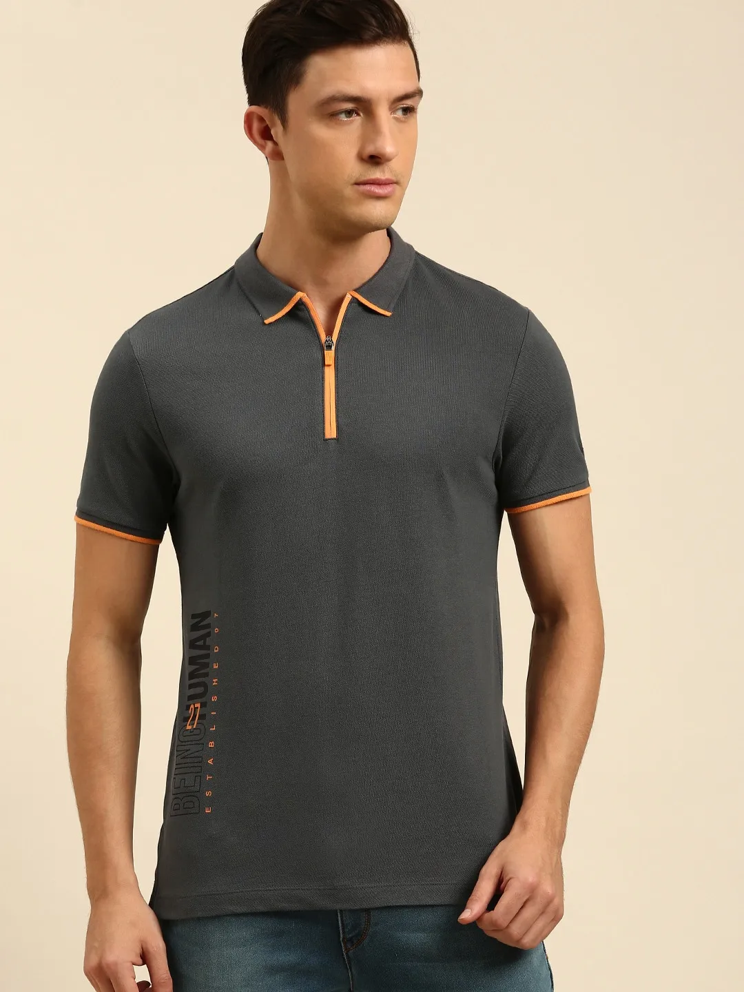 Grey Regular Fit Men's Polo T-Shirt by Being Human Clothing