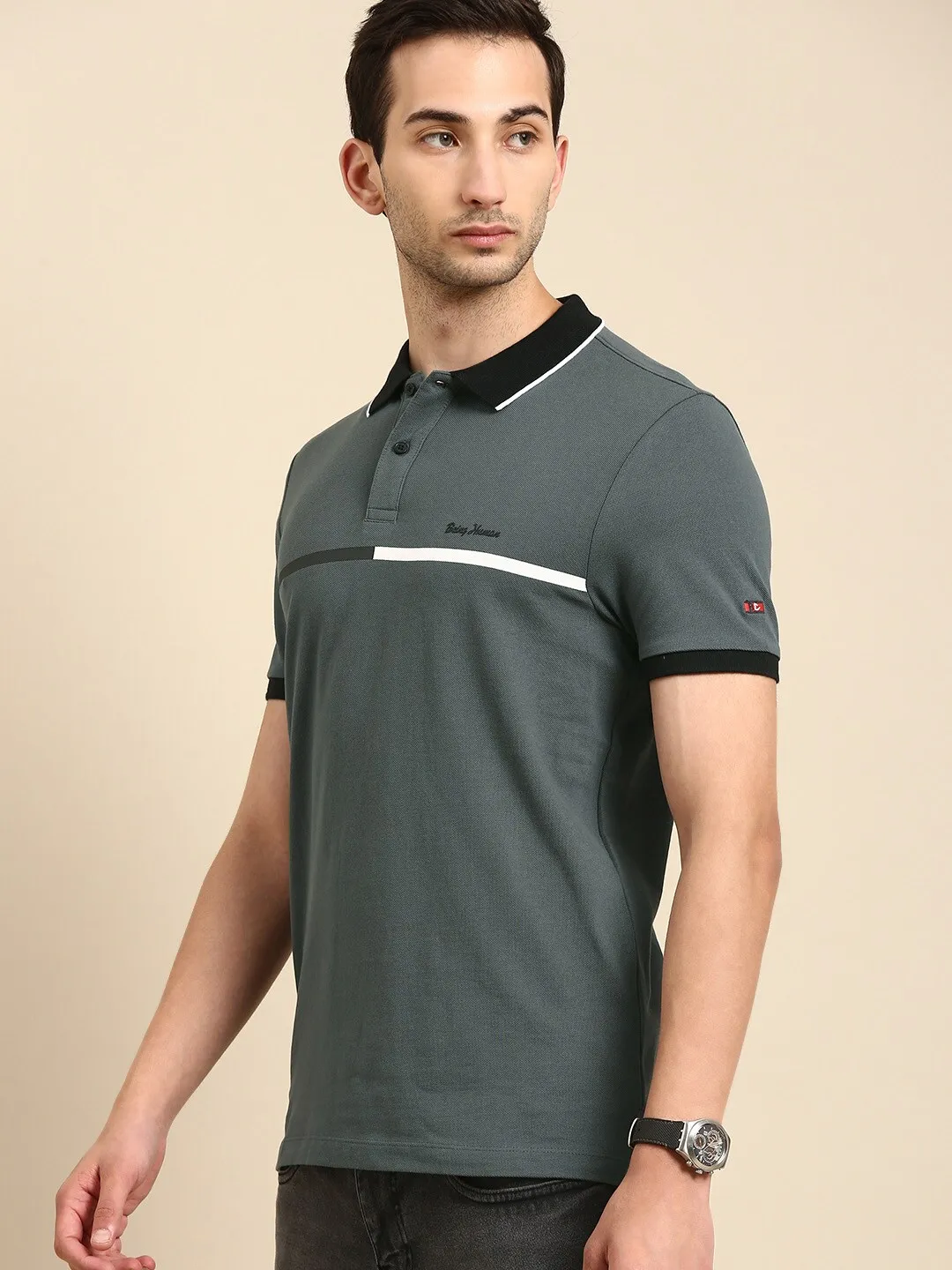 Grey Regular Fit Men's Polo T-Shirt by Being Human Clothing - Image 2