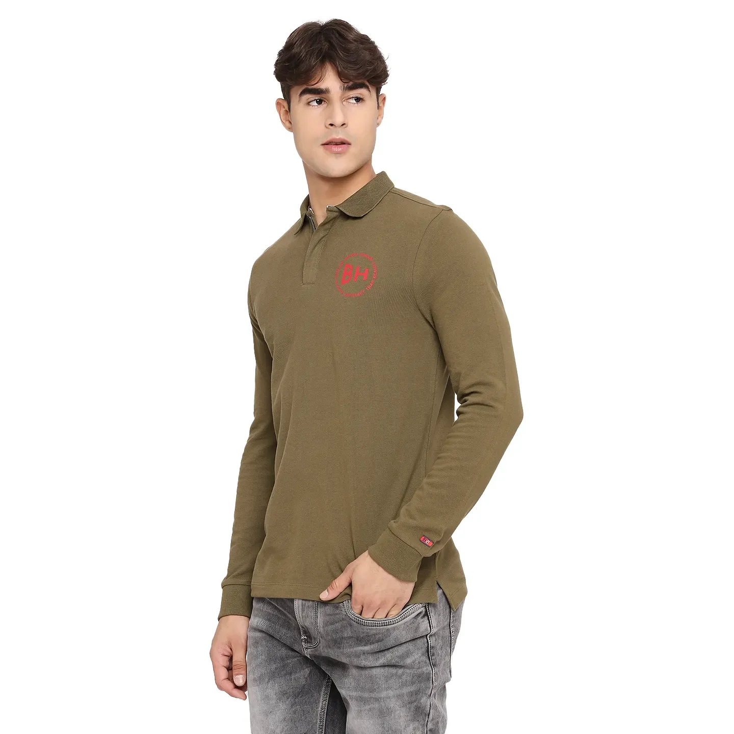 Green Regular Fit Men's Long Sleeves Polo T-Shirt by Being Human Clothing - Image 2