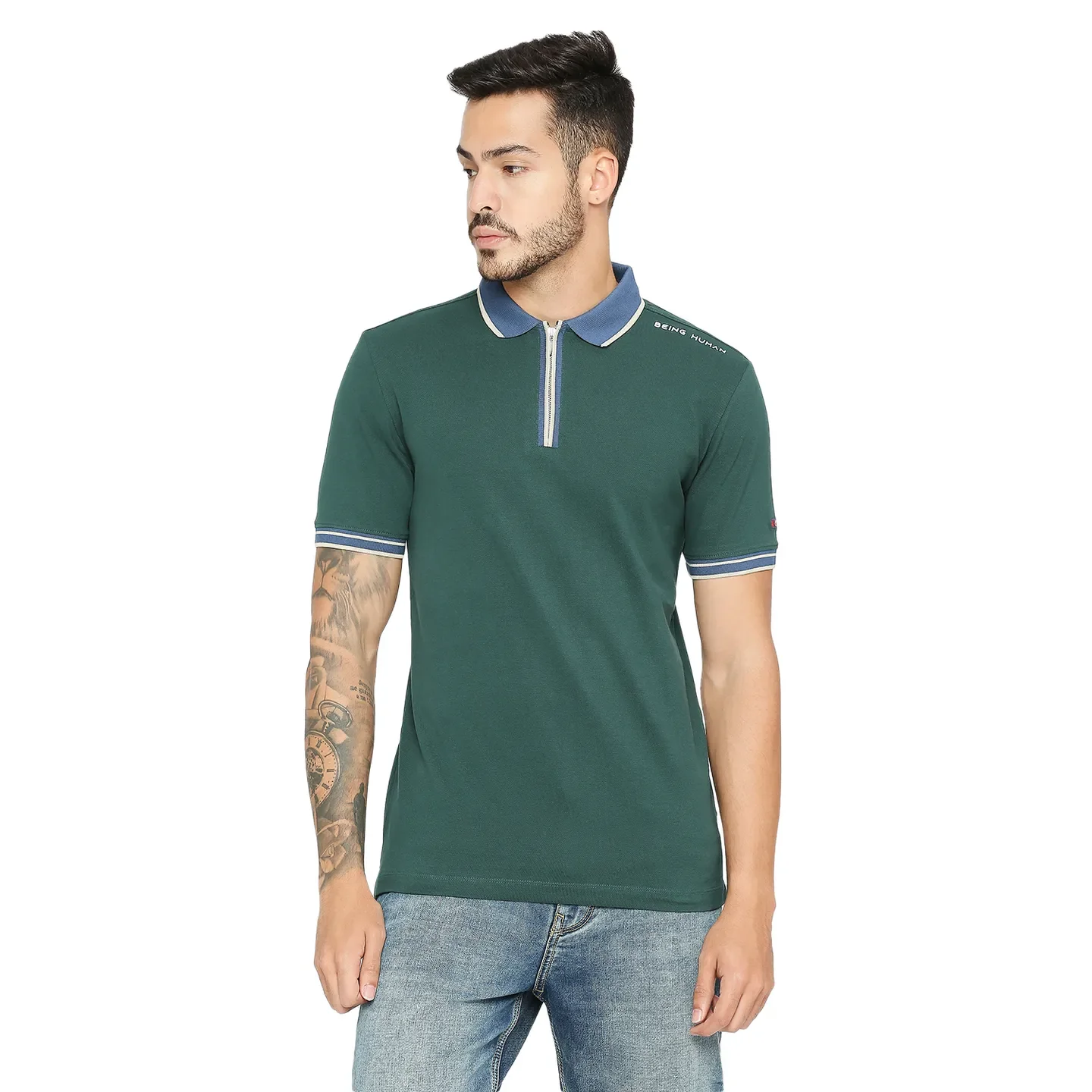 Green Regular Fit Men's Polo T-Shirt by Being Human Clothing