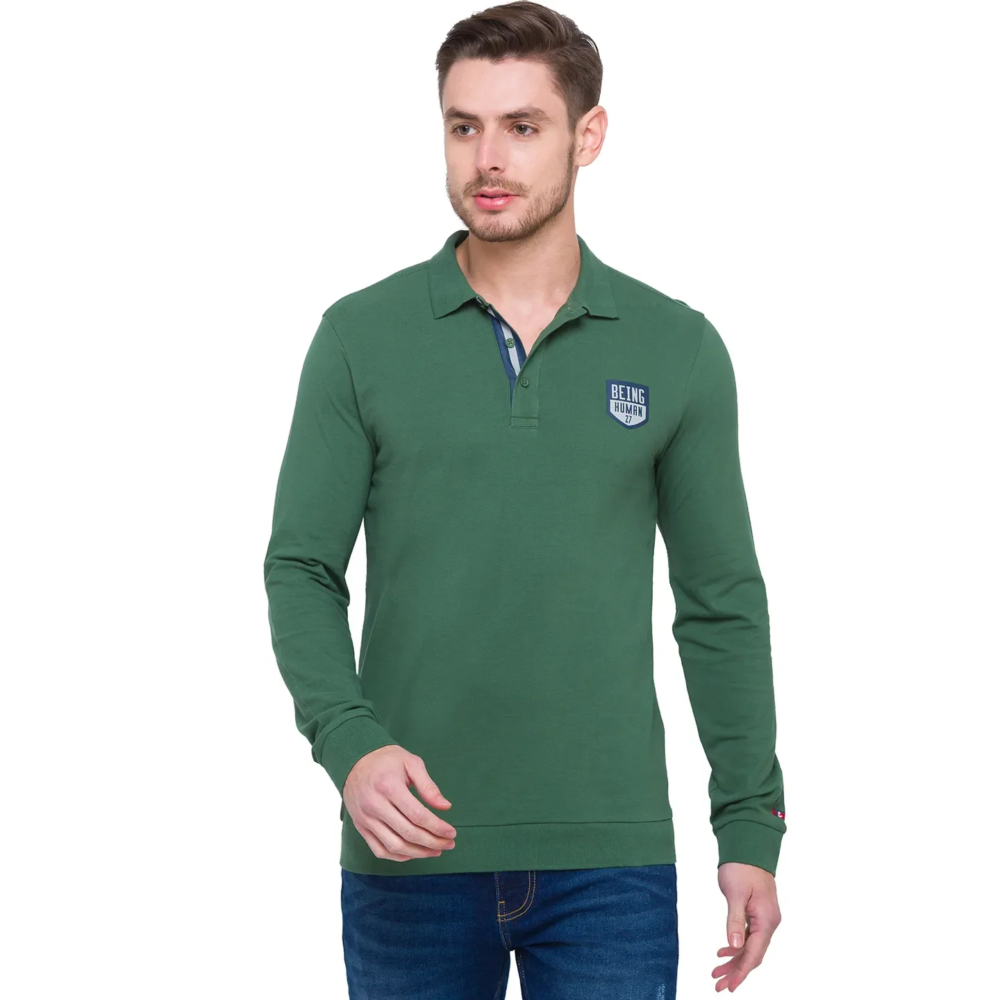 Green Regular Fit Men's Long Sleeves Polo T-Shirt by Being Human Clothing