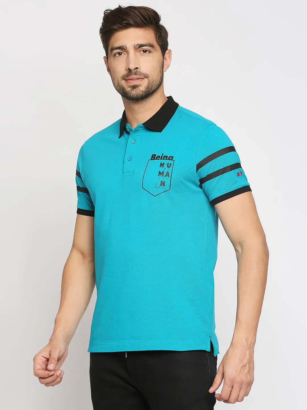 Lake Blue Regular Fit Men's Polo T-Shirt by Being Human Clothing - Image 4