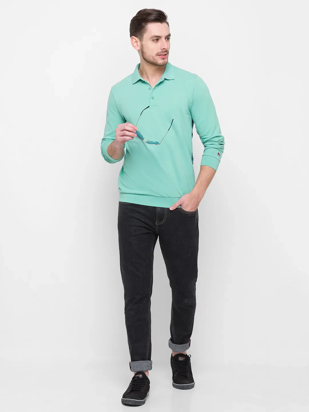 Green Regular Fit Men's Long Sleeves Polo T-Shirt by Being Human Clothing - Image 2