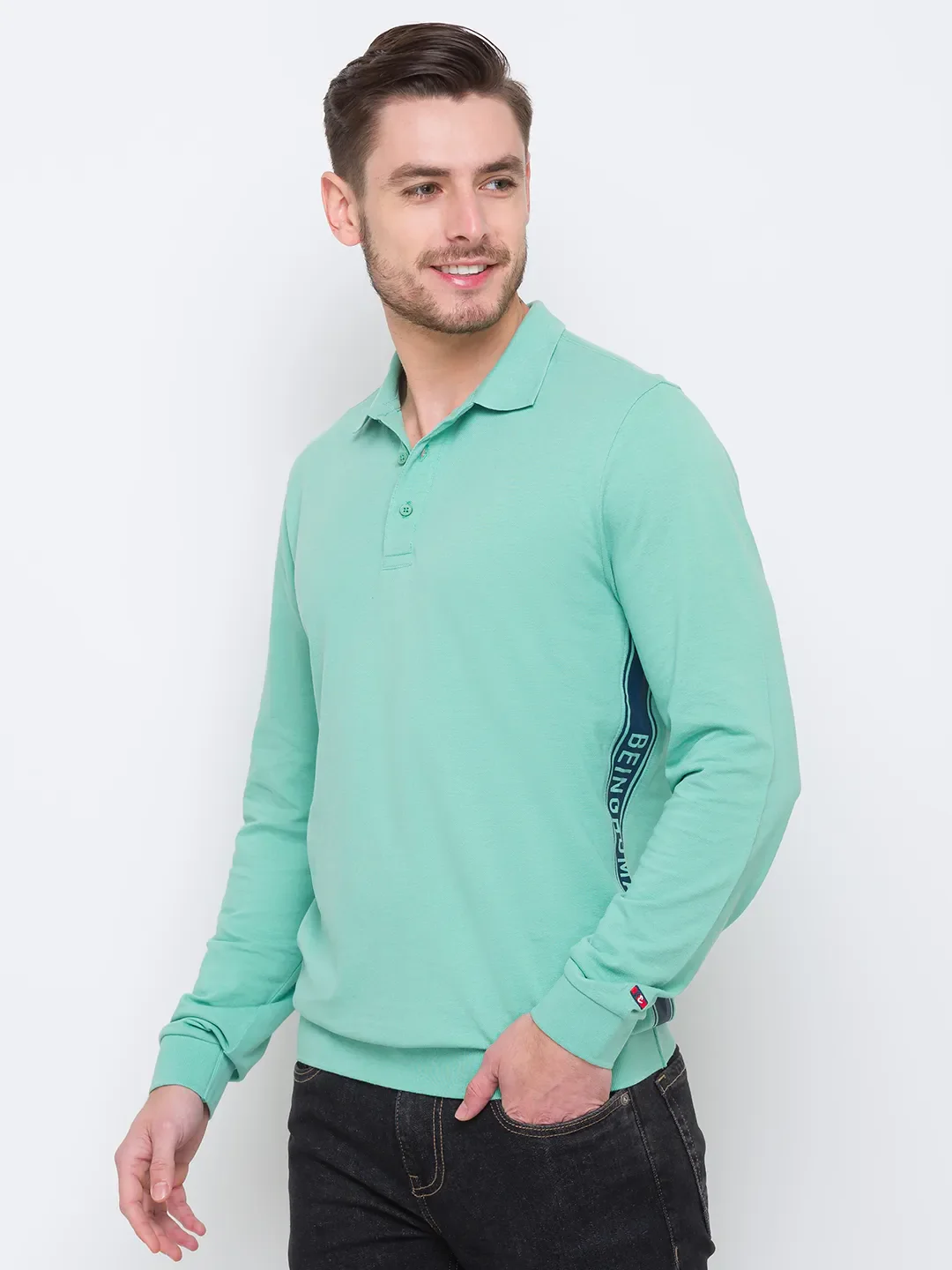 Green Regular Fit Men's Long Sleeves Polo T-Shirt by Being Human Clothing - Image 4