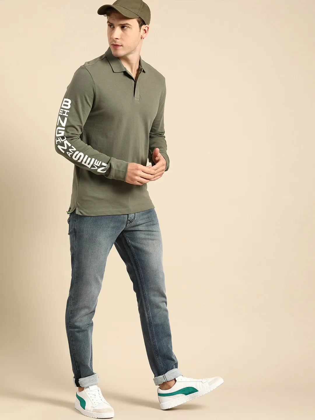 Green Regular Fit Men's Long Sleeves Polo T-Shirt by Being Human Clothing - Image 2