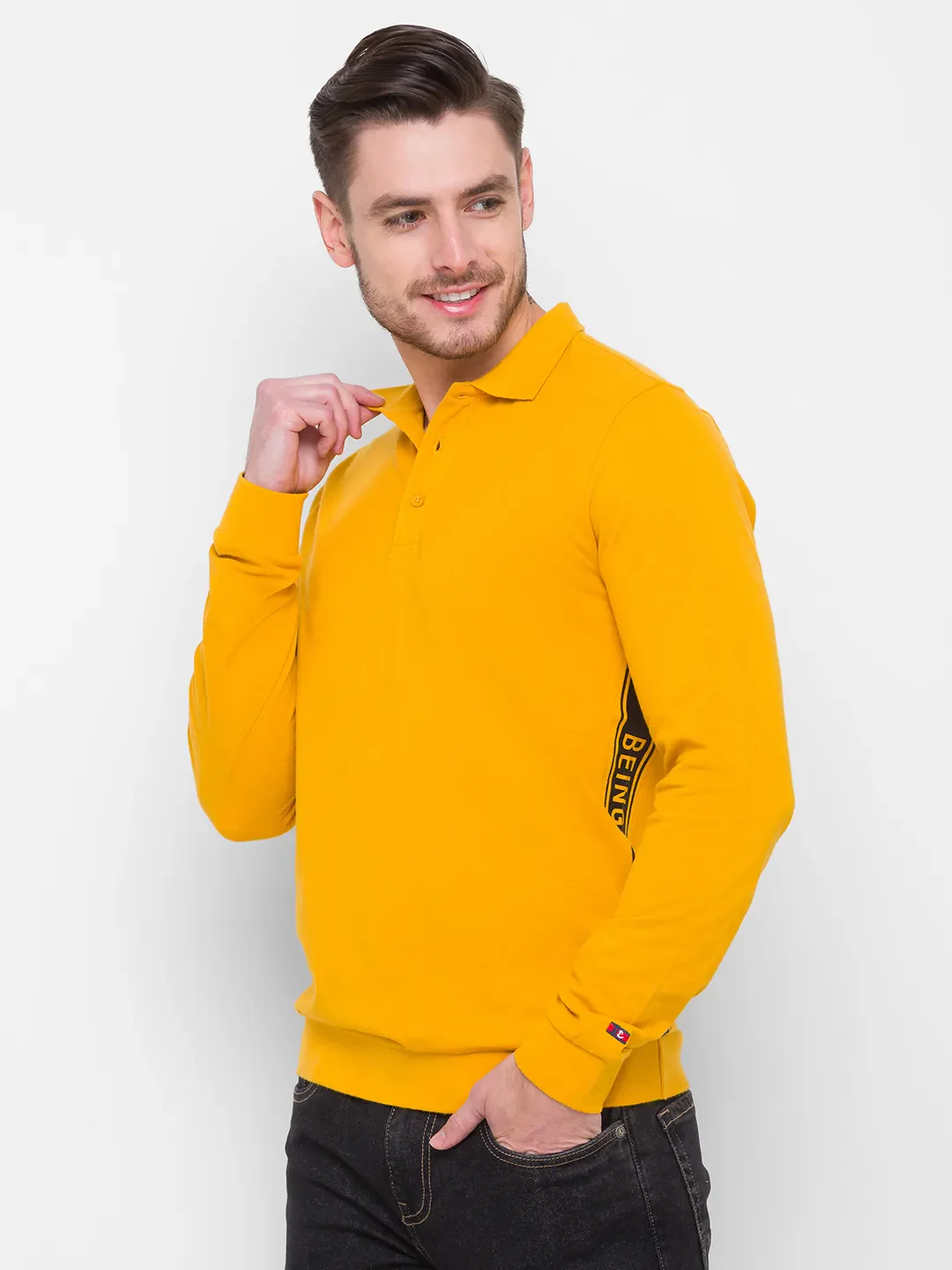 Yellow Regular Fit Men's Long Sleeves Polo T-Shirt by Being Human Clothing - Image 4