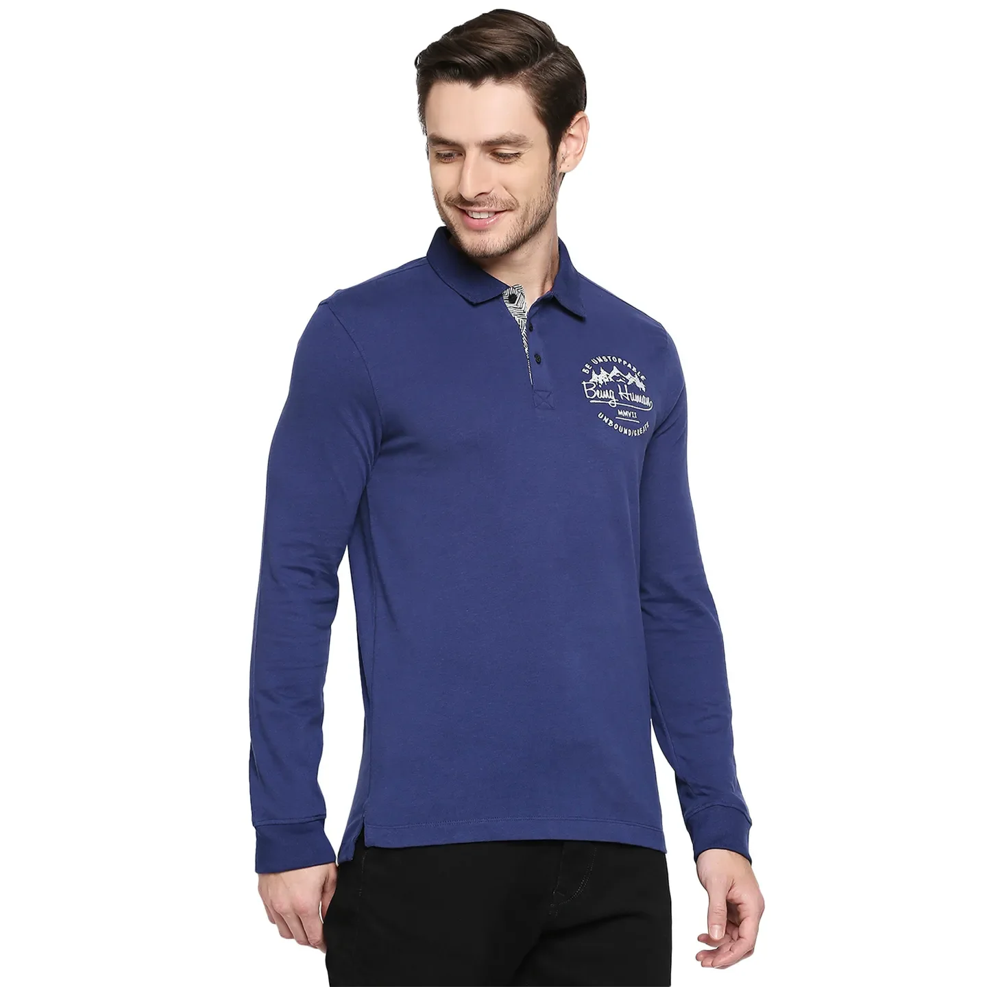 Blue Regular Fit Men's Long Sleeves Polo T-Shirt by Being Human Clothing - Image 3