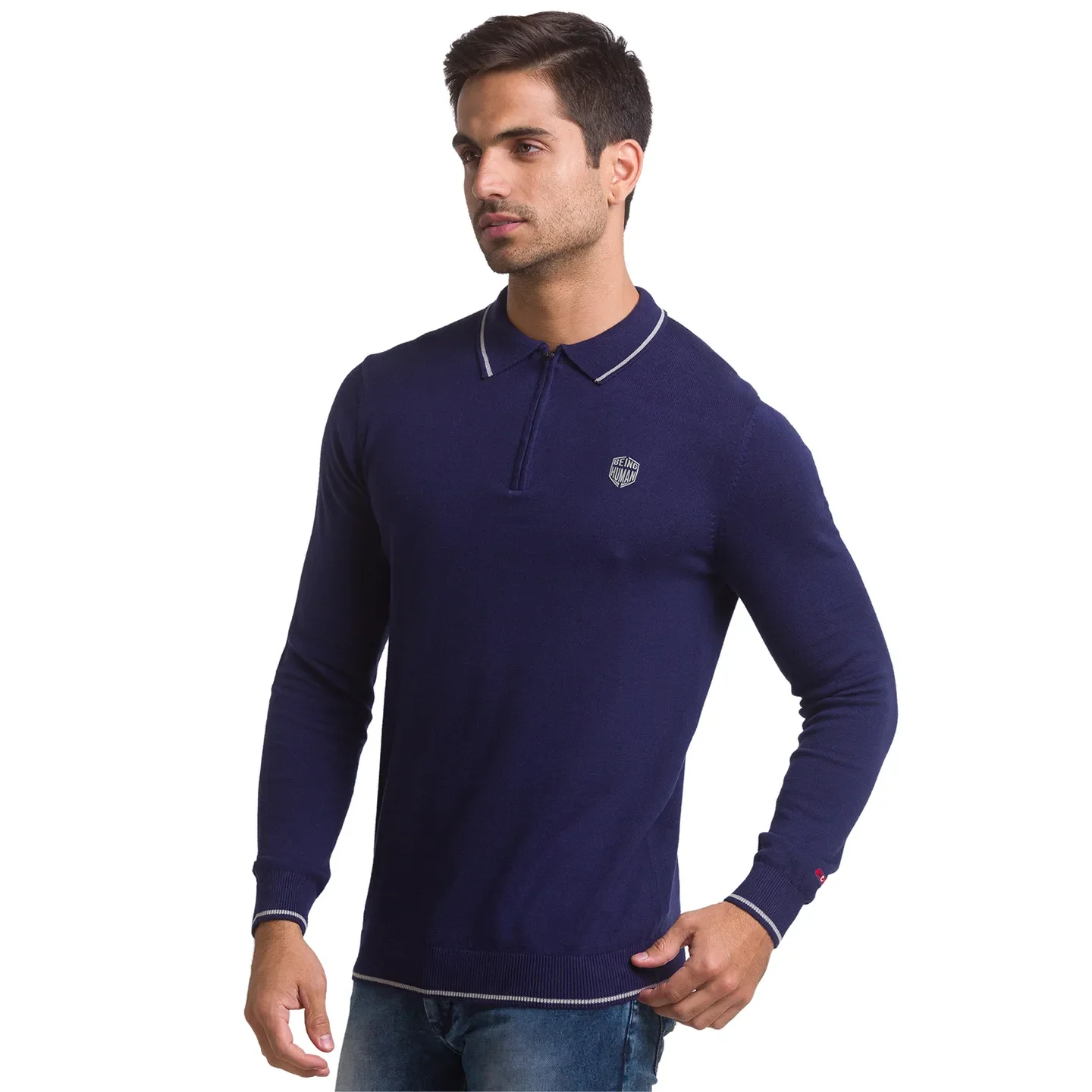 Blue Regular Fit Men's Long Sleeves Polo T-Shirt by Being Human Clothing - Image 5