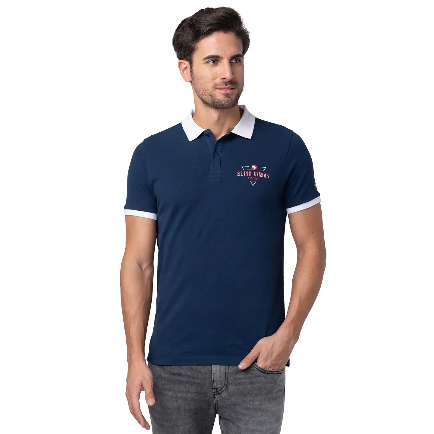Blue Regular Fit Men's Polo T-Shirt by Being Human Clothing