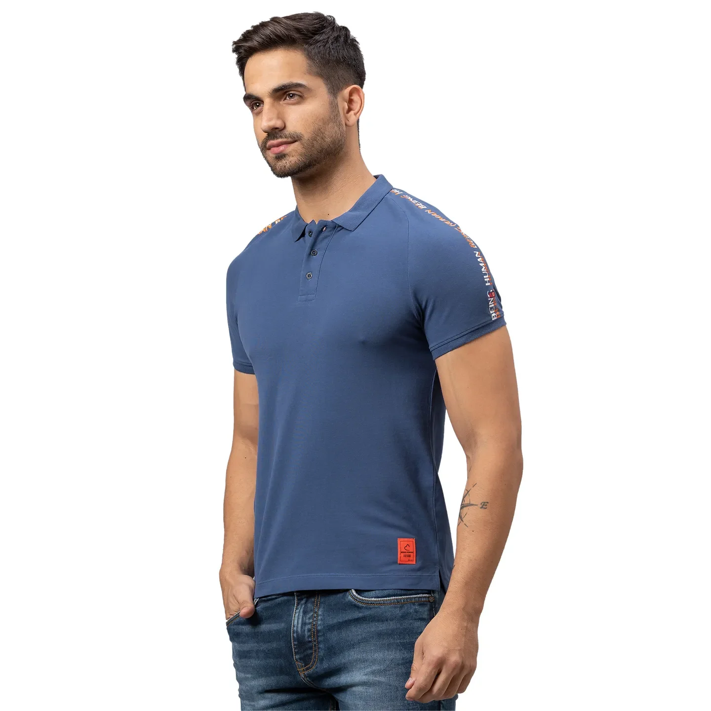 Ocean Blue Slim Fit Men's Polo T-shirt by Being Human Clothing - Image 4