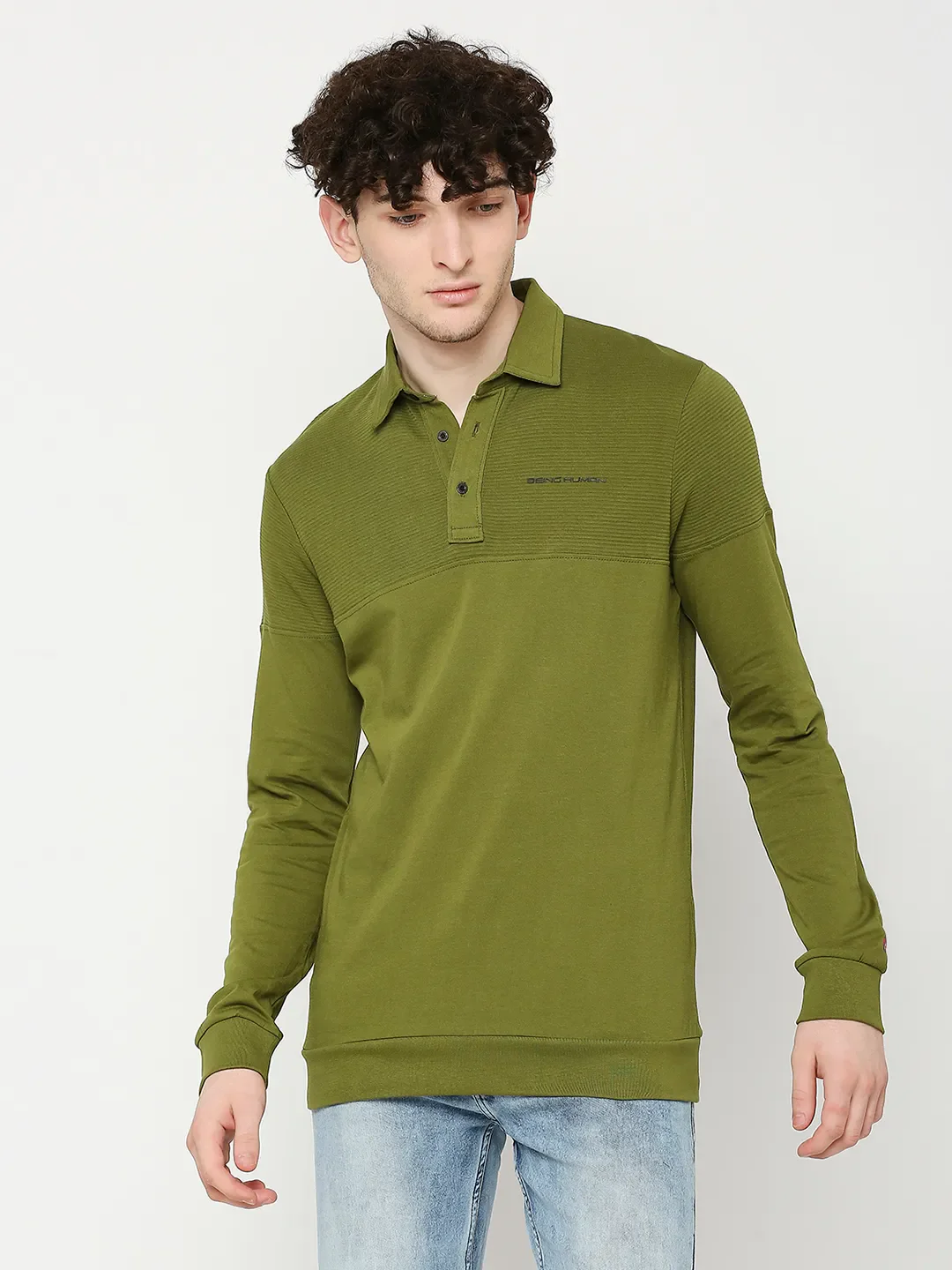 Green Regular Fit Men's Long Sleeves Polo T-Shirt by Being Human Clothing - Image 11