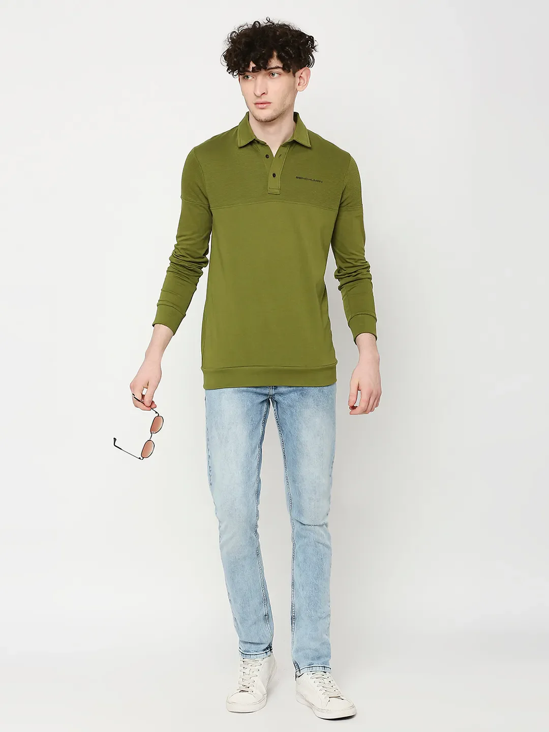 Green Regular Fit Men's Long Sleeves Polo T-Shirt by Being Human Clothing - Image 7