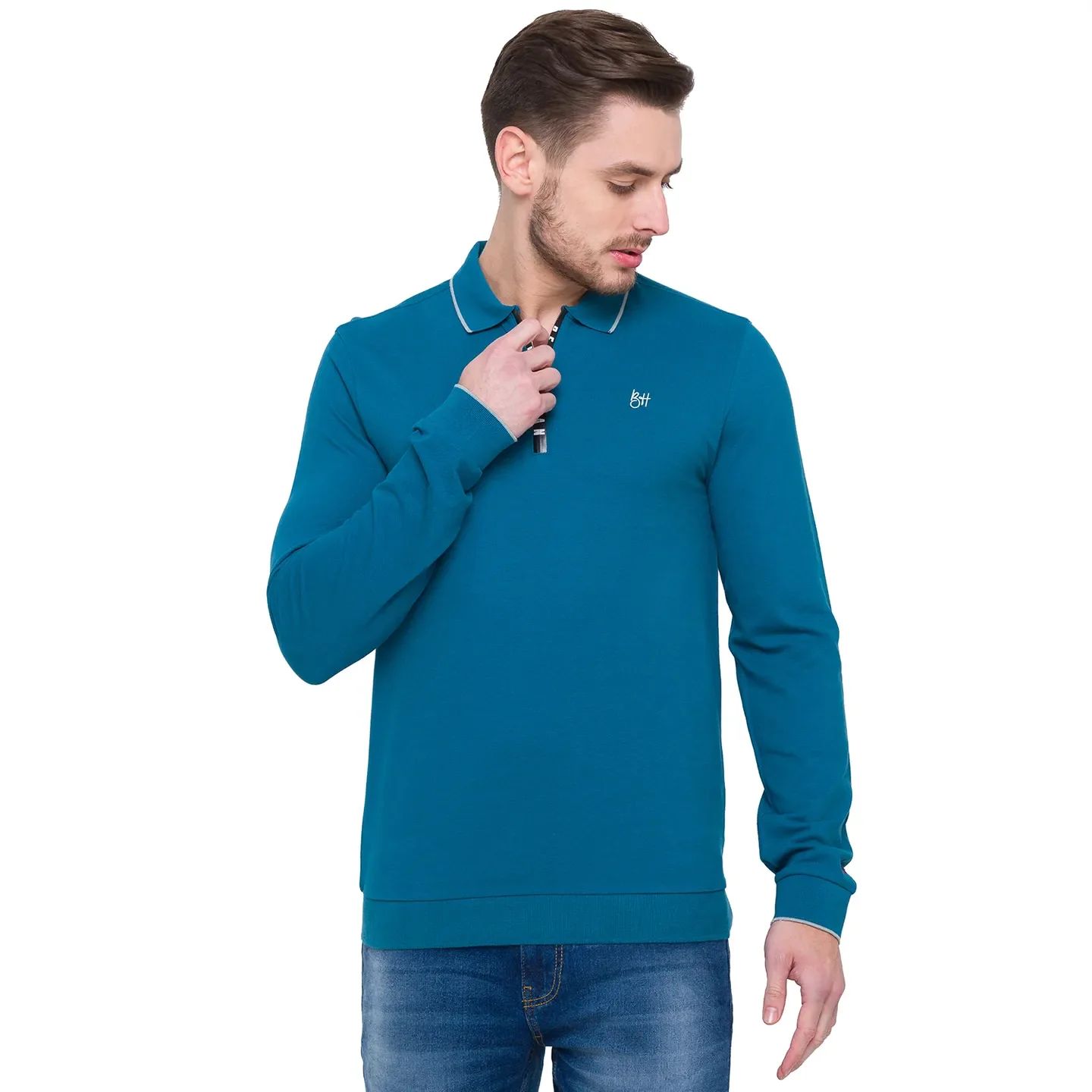 Teal Regular Fit Men's Long Sleeves Polo T-Shirt by Being Human Clothing