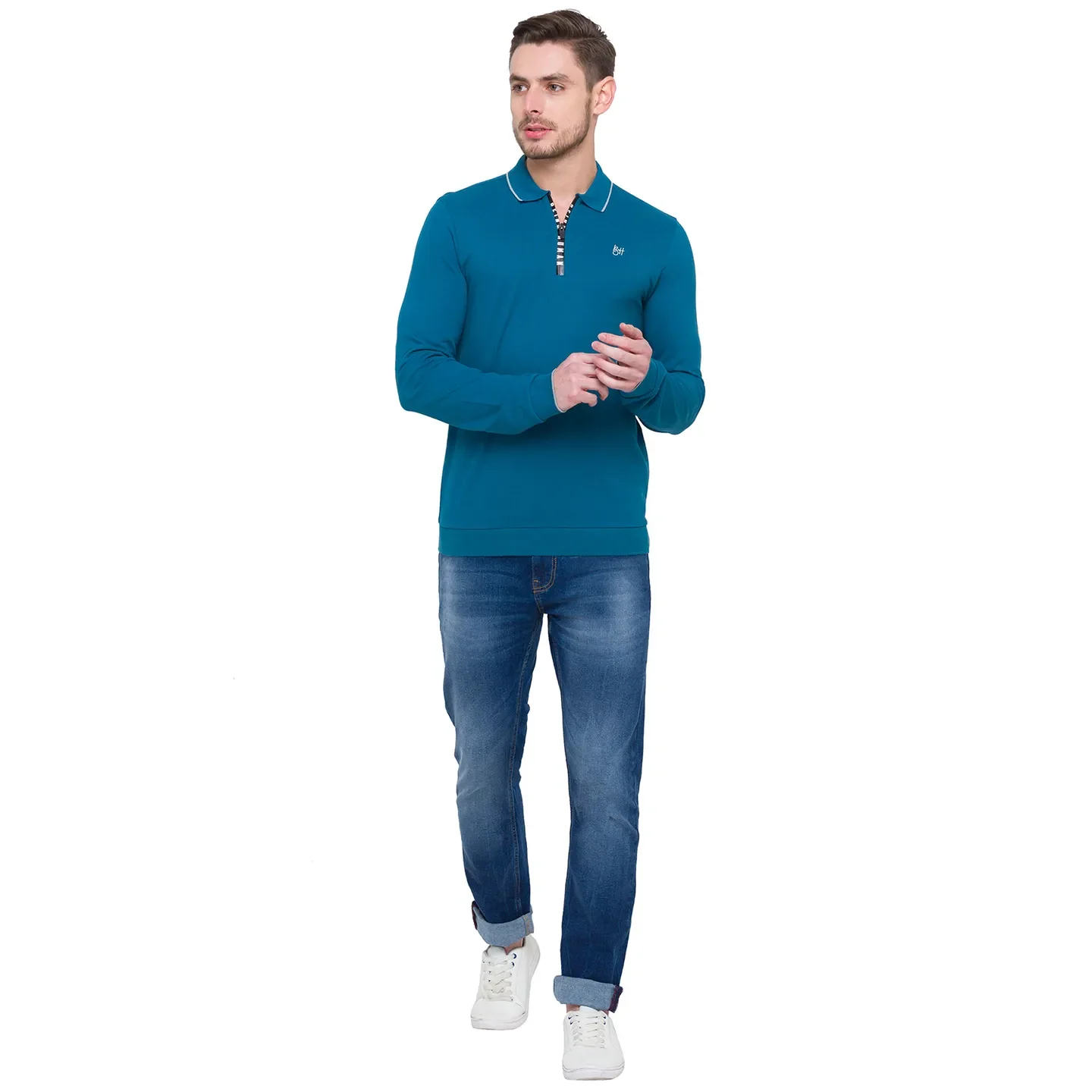 Teal Regular Fit Men's Long Sleeves Polo T-Shirt by Being Human Clothing - Image 2