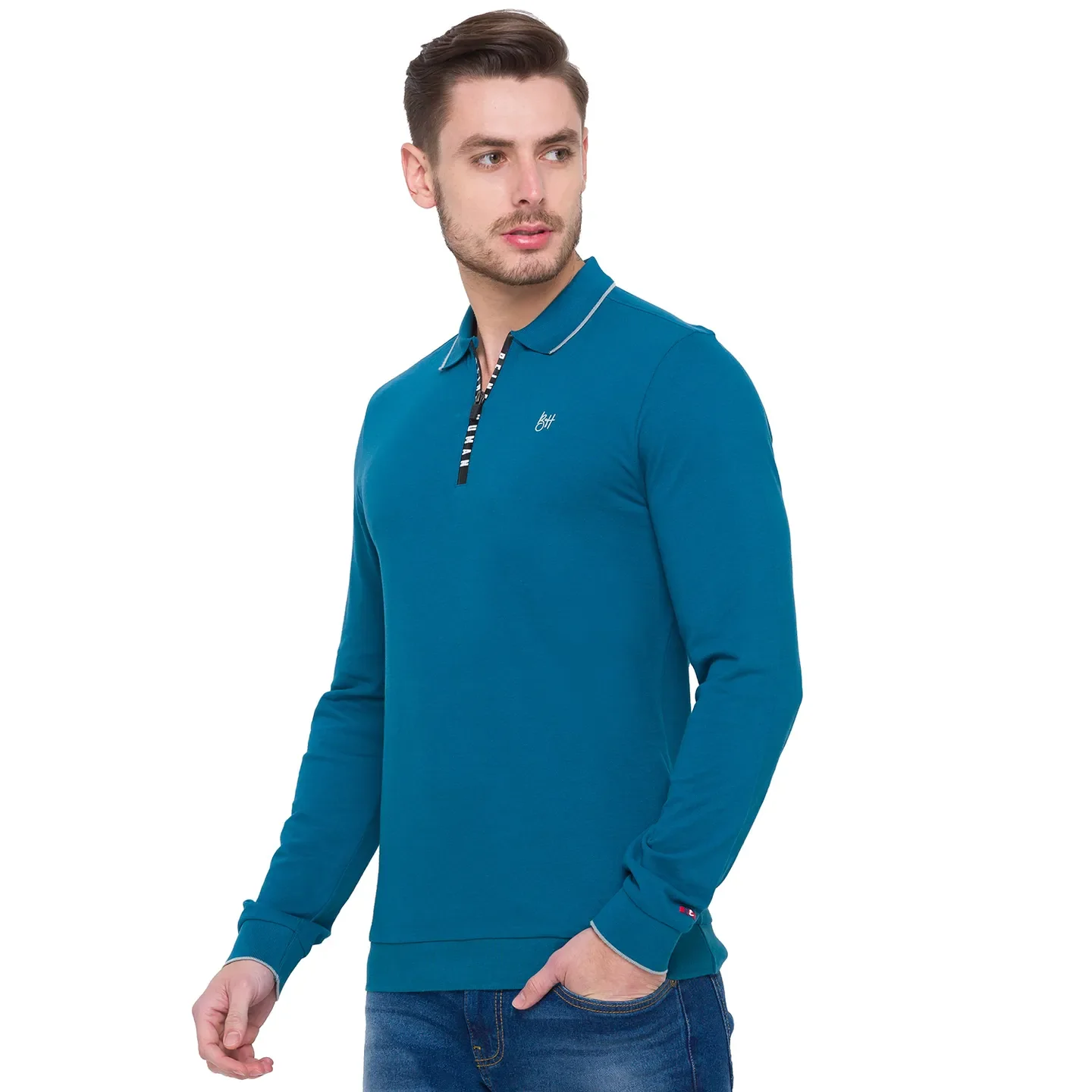 Teal Regular Fit Men's Long Sleeves Polo T-Shirt by Being Human Clothing - Image 4