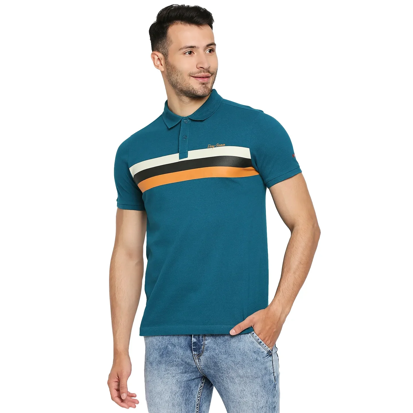 Teal Regular Fit Men's Polo T-Shirt by Being Human Clothing - Image 2