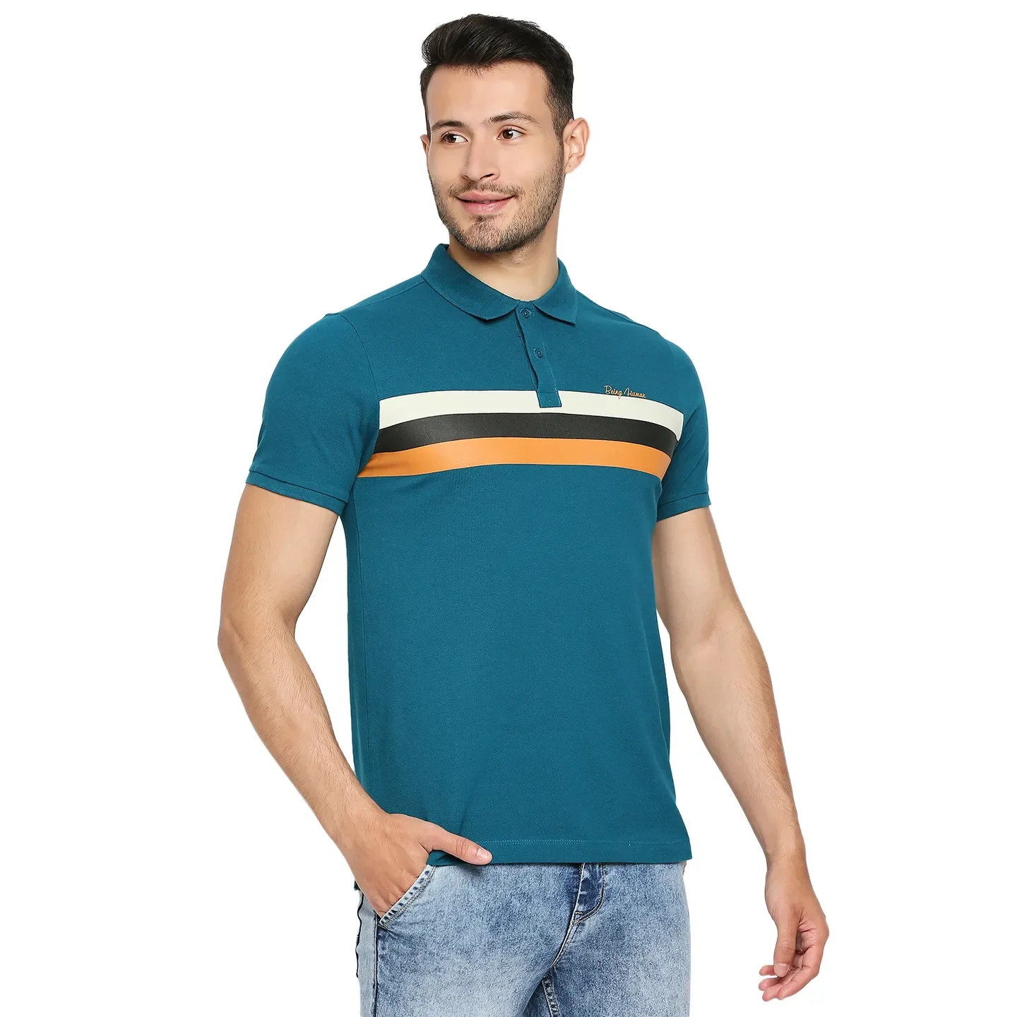 Teal Regular Fit Men's Polo T-Shirt by Being Human Clothing - Image 3