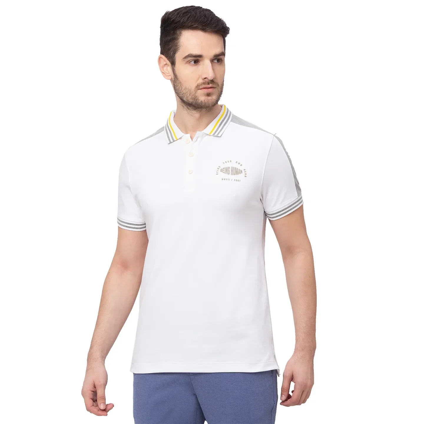 White Regular Fit Men's Polo T-Shirt by Being Human Clothing - Image 3