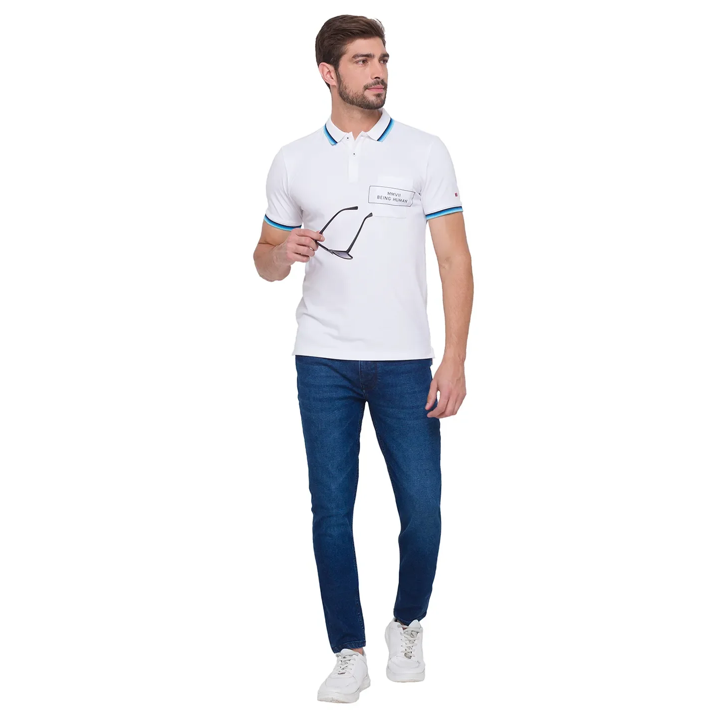 White Regular Fit Men's Polo T-Shirt by Being Human Clothing - Image 2