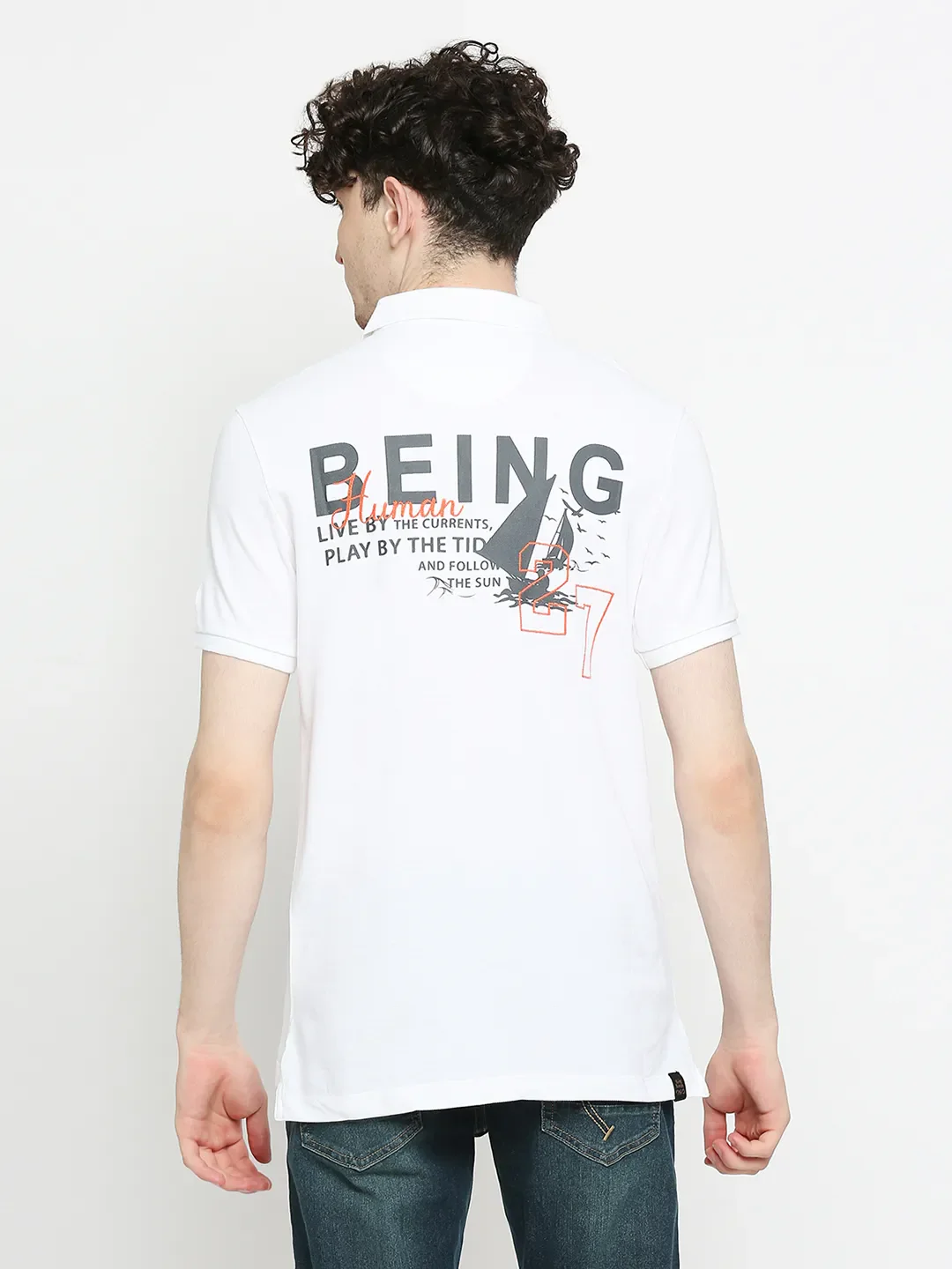 White Regular Fit Men's Polo T-Shirt by Being Human Clothing - Image 4