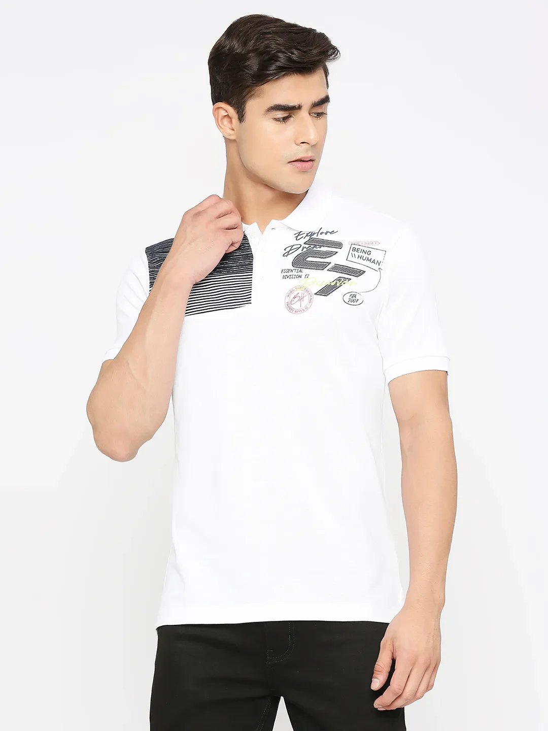 White Regular Fit Men's Polo T-Shirt by Being Human Clothing
