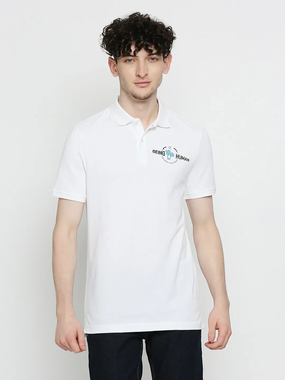 White Regular Fit Men's Polo T-Shirt by Being Human Clothing